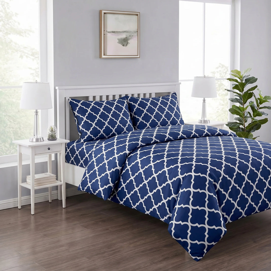 Navy Trellis Geometric Duvet Cover Set — Printed
