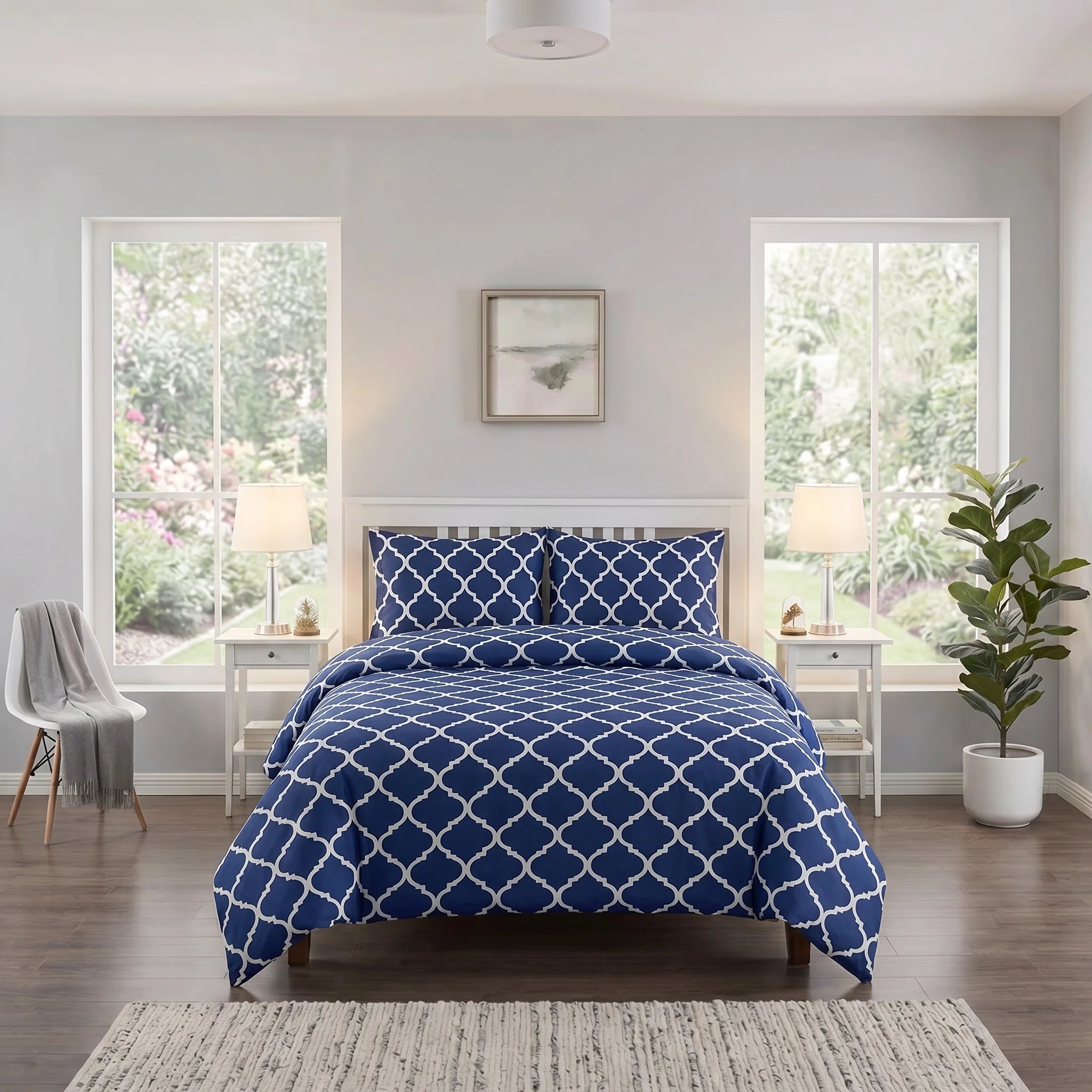 Navy Trellis Geometric Duvet Cover Set — Printed
