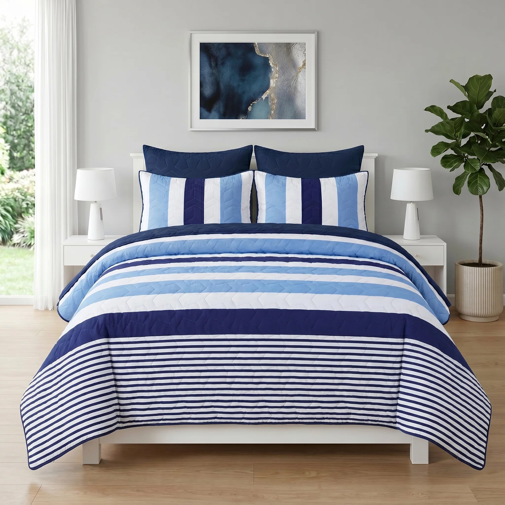 Ocean Blue Striped Bed Spread Set — 6 PCS