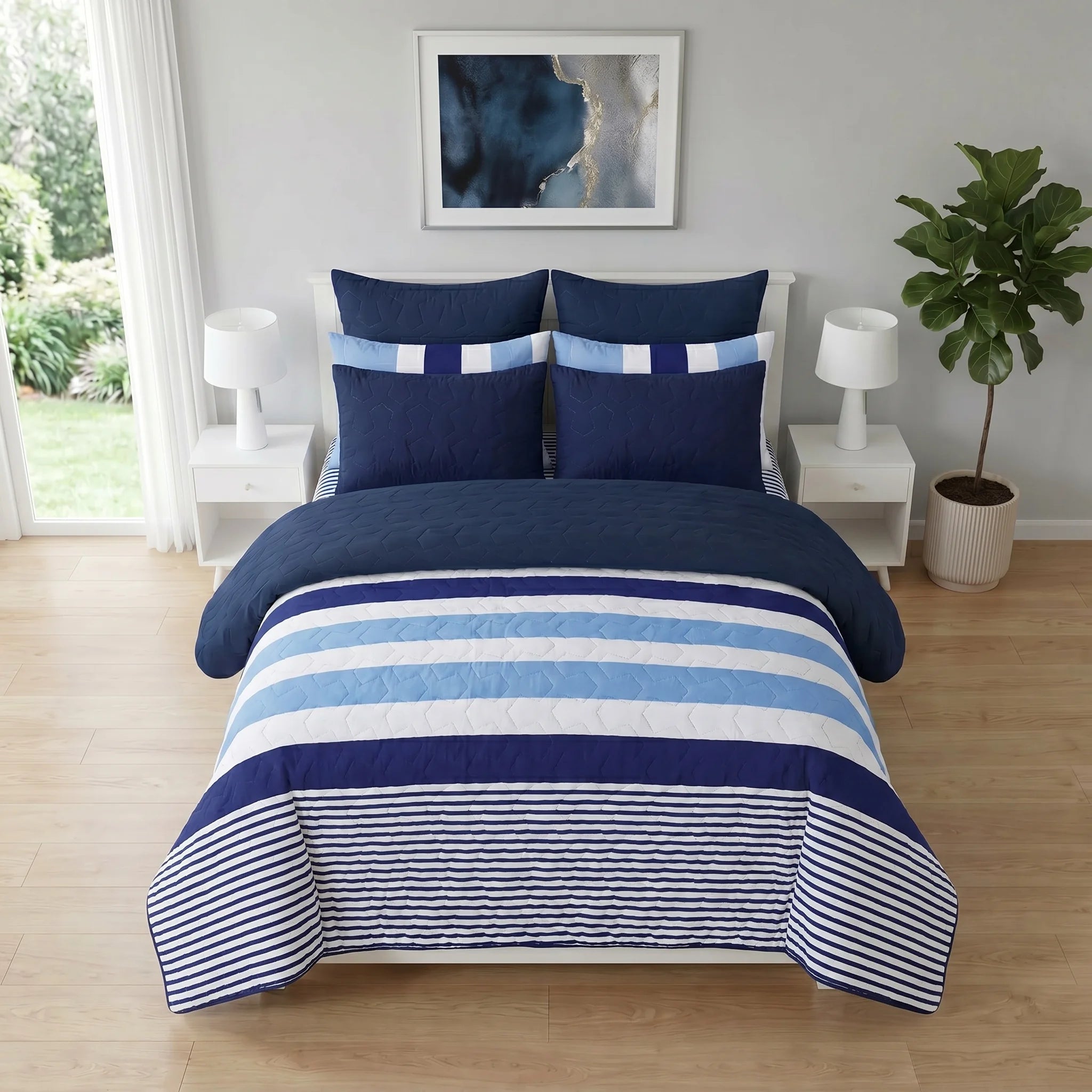 Ocean Blue Striped Bed Spread Set — 6 PCS