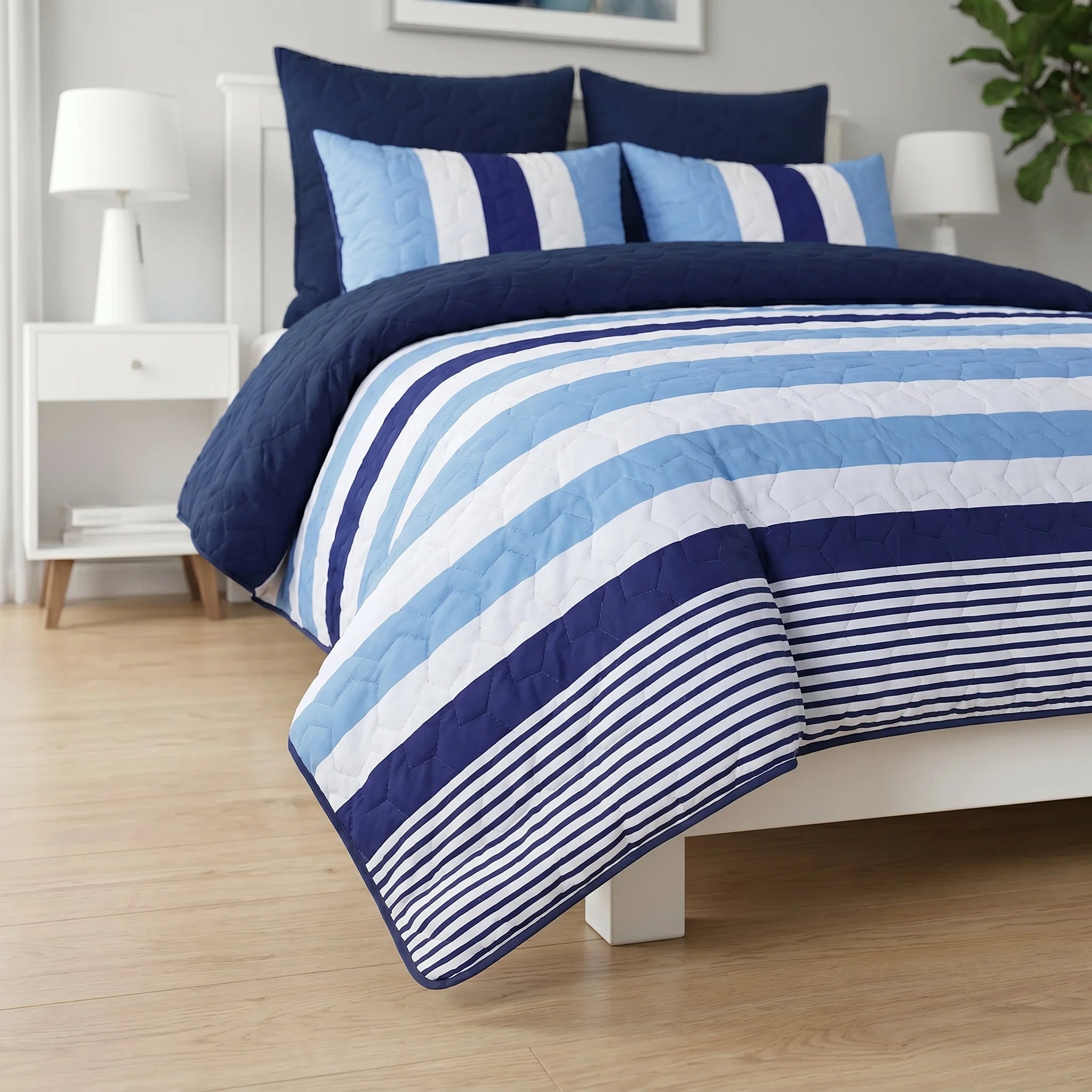 Ocean Blue Striped Bed Spread Set — 6 PCS