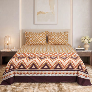 Ochre Tribal Geometric Pure Cotton Bedsheet Set — 3 PCS