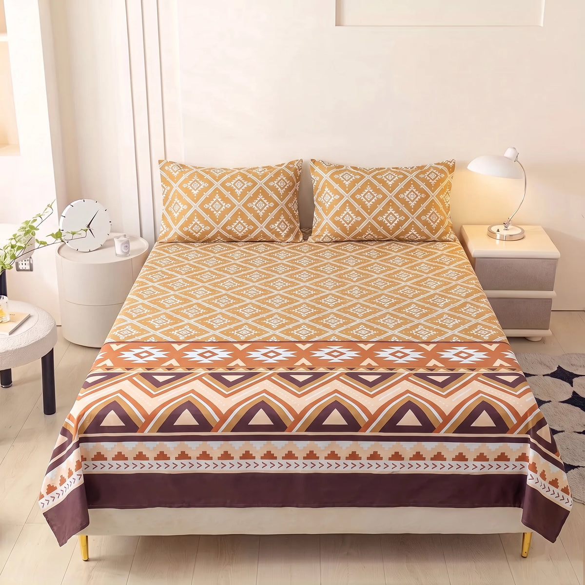 Ochre Tribal Geometric Pure Cotton Bedsheet Set — 3 PCS
