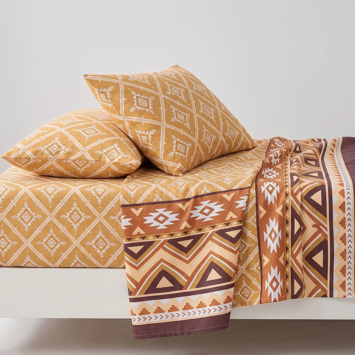 Ochre Tribal Geometric Pure Cotton Bedsheet Set — 3 PCS