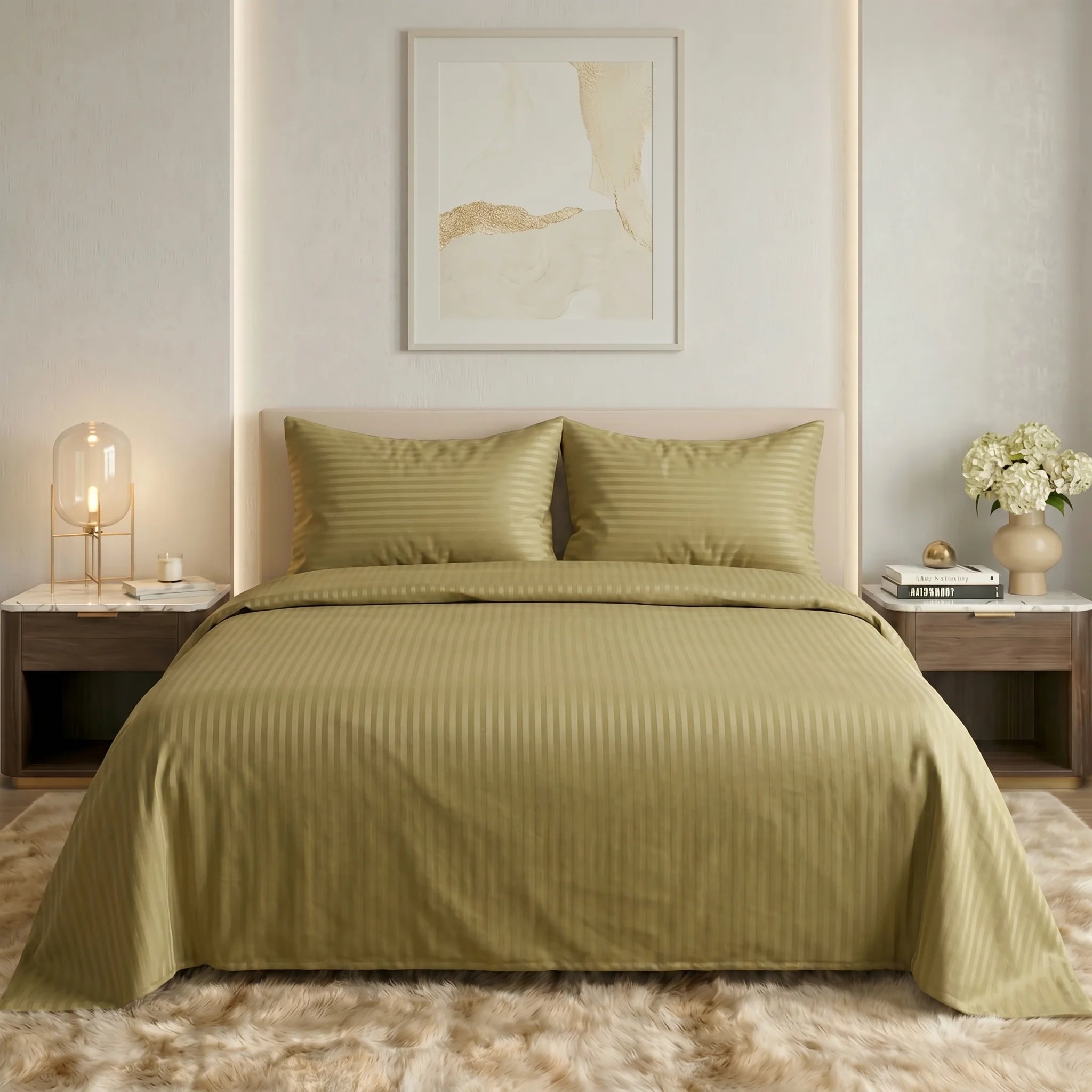 Olive Gold Dyed Stripe Bedsheet Set