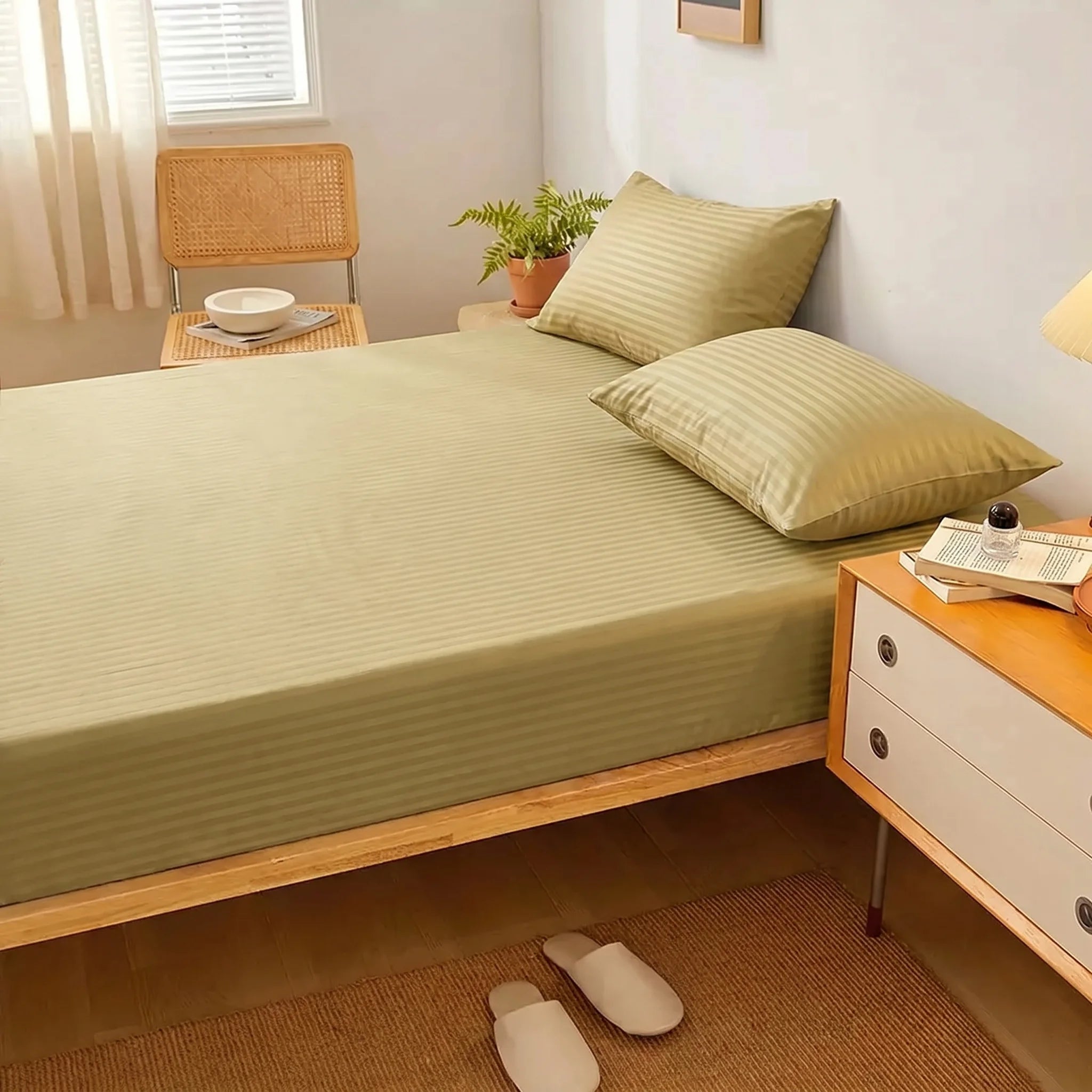 Olive Gold Dyed Stripe Fitted Sheet Set