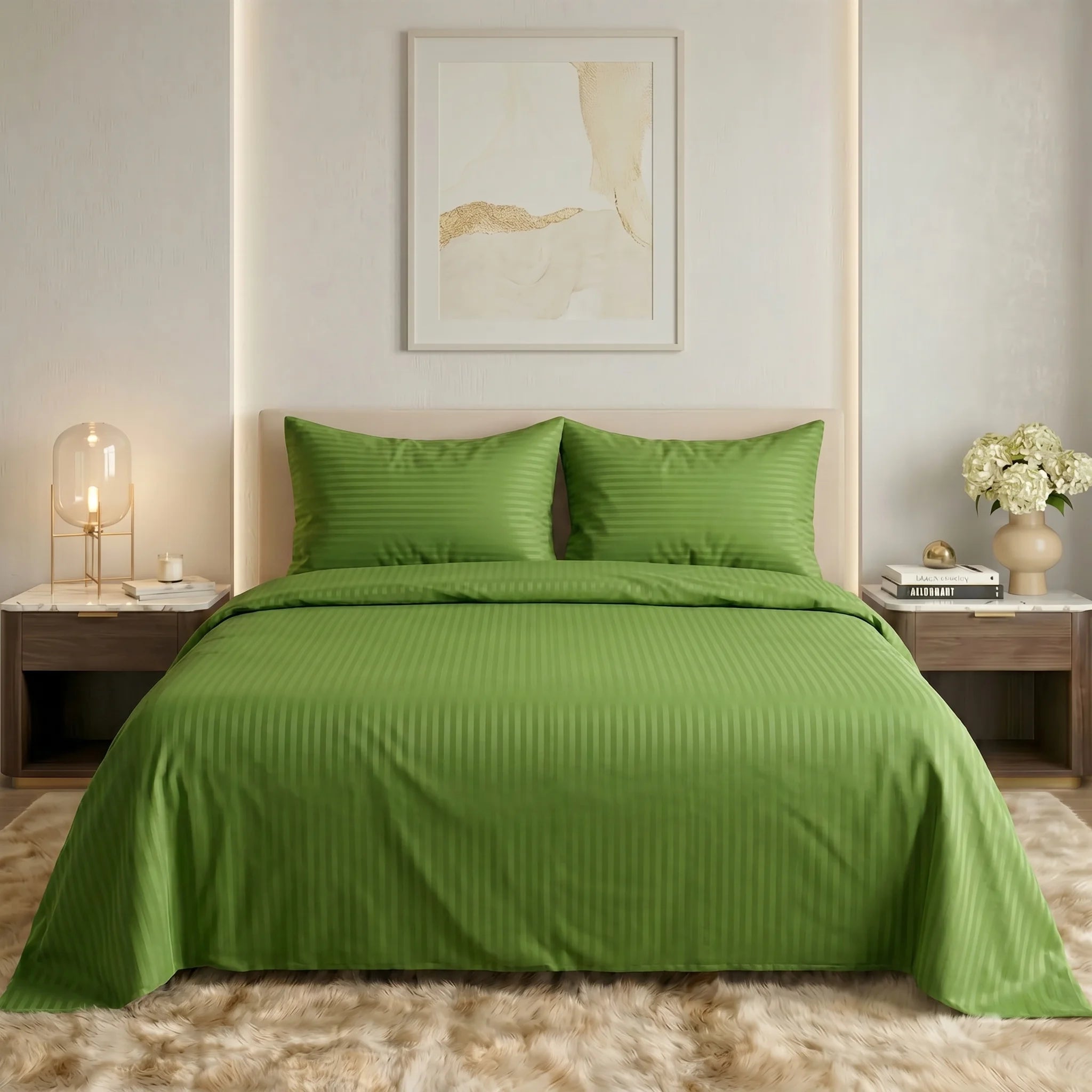 Olive Green Dyed Stripe Bedsheet Set