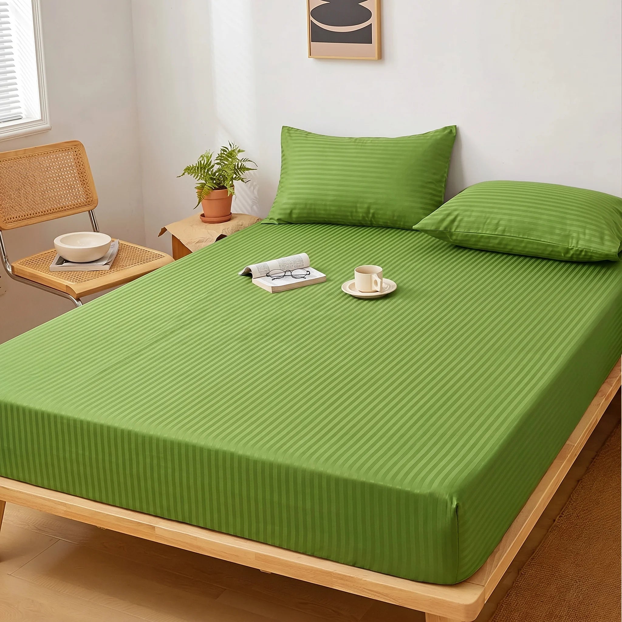 Olive Green Dyed Stripe Fitted Sheet Set