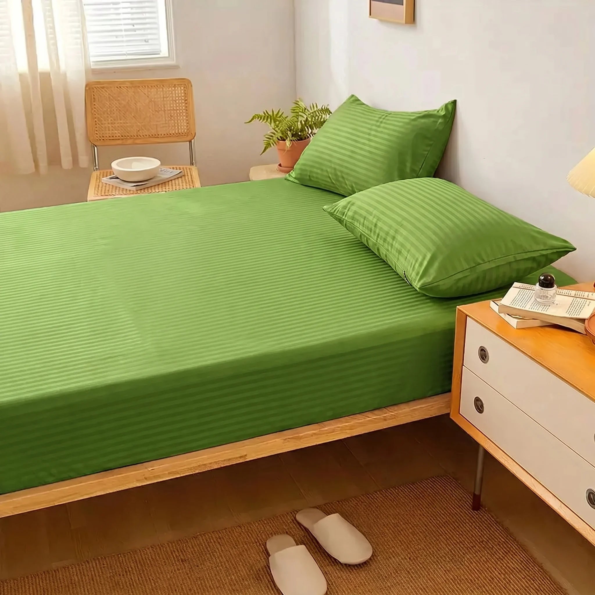 Olive Green Dyed Stripe Fitted Sheet Set