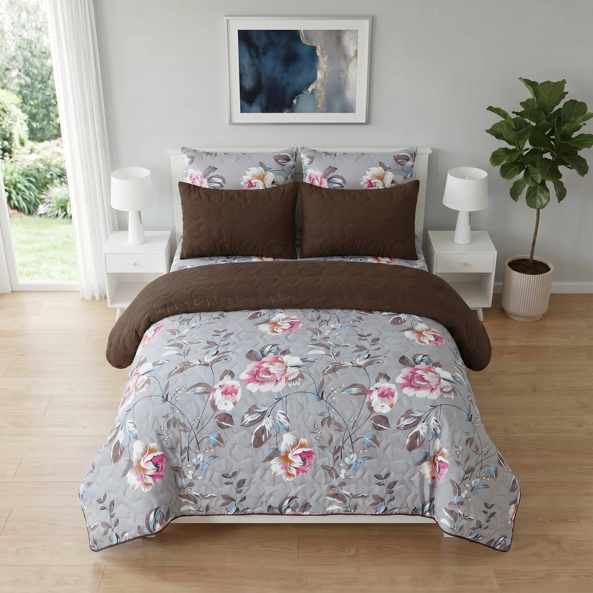 Pastel Rose Grey Bed Spread Set — 6 PCS