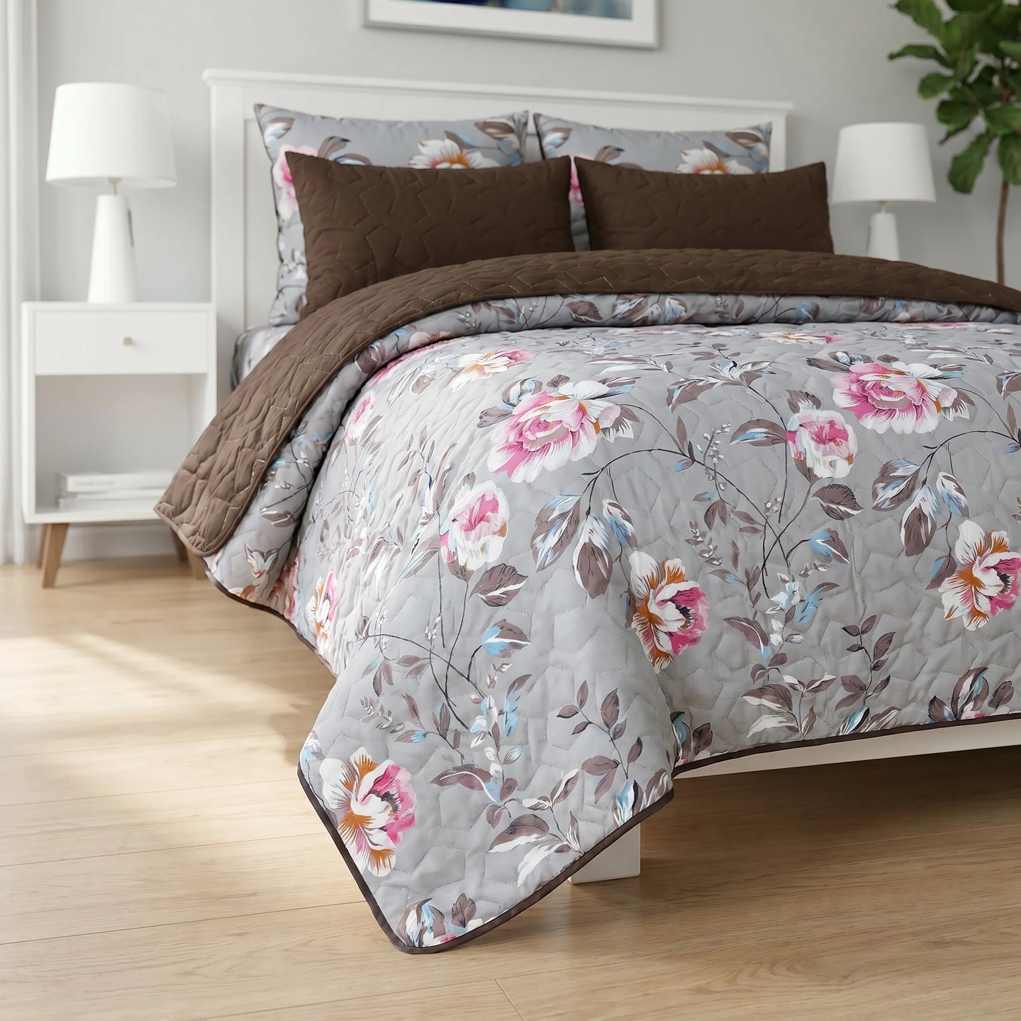Pastel Rose Grey Bed Spread Set — 6 PCS