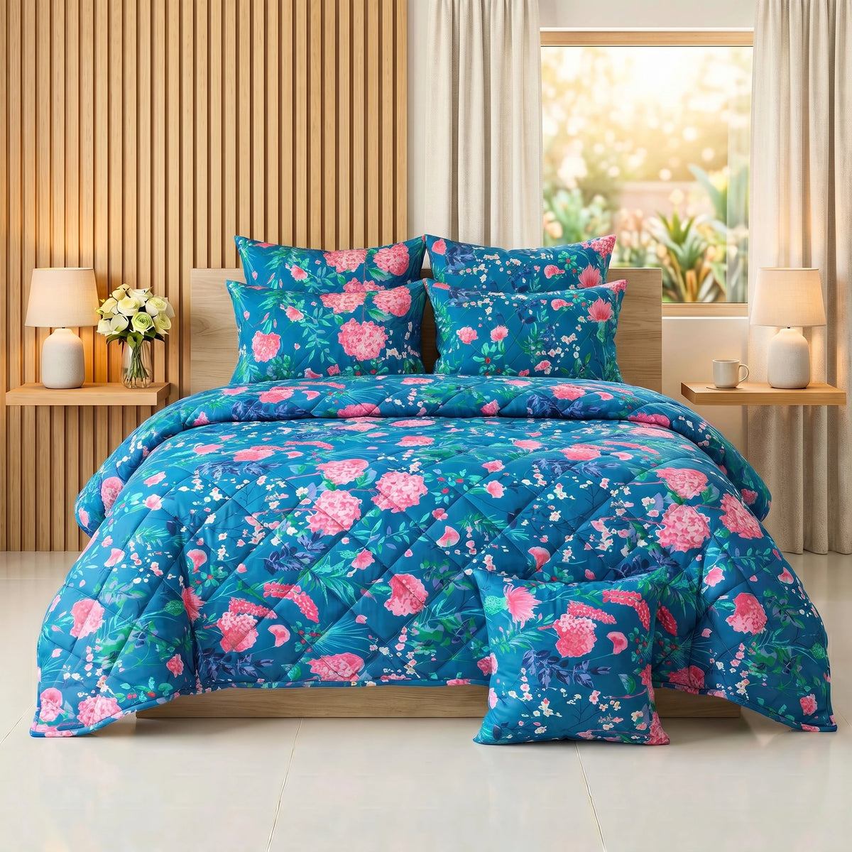 Peacock Blue & Pink Hydrangea Floral Comforter Set — 8 PCS