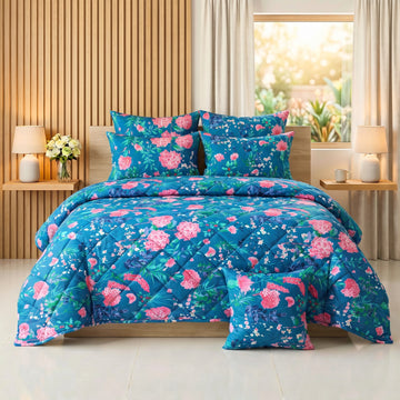 Peacock Blue & Pink Hydrangea Floral Comforter Set — 8 PCS
