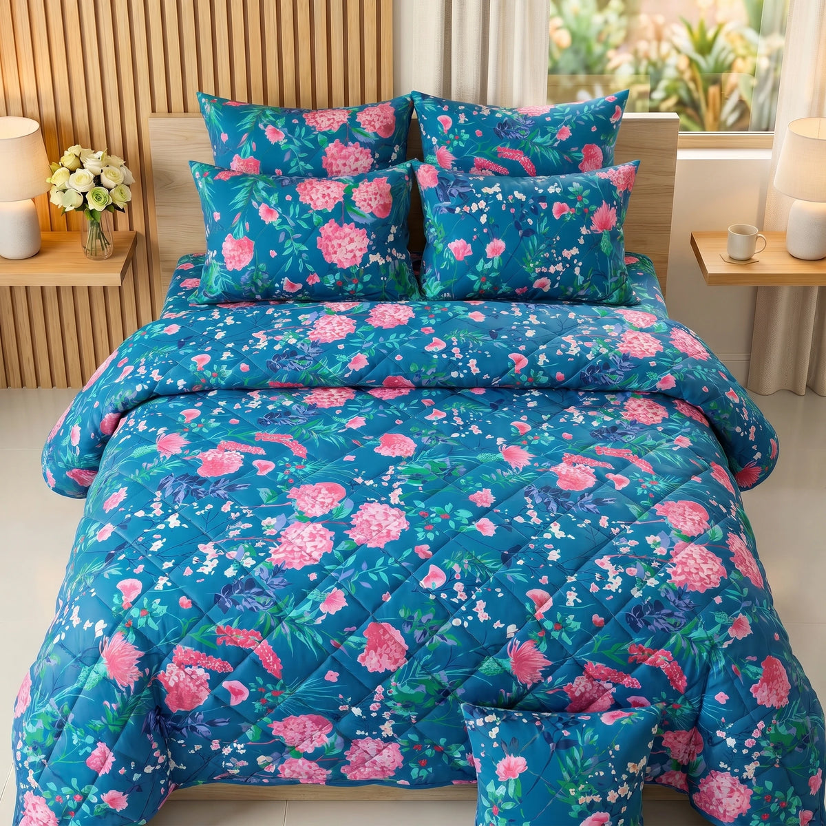 Peacock Blue & Pink Hydrangea Floral Comforter Set — 8 PCS