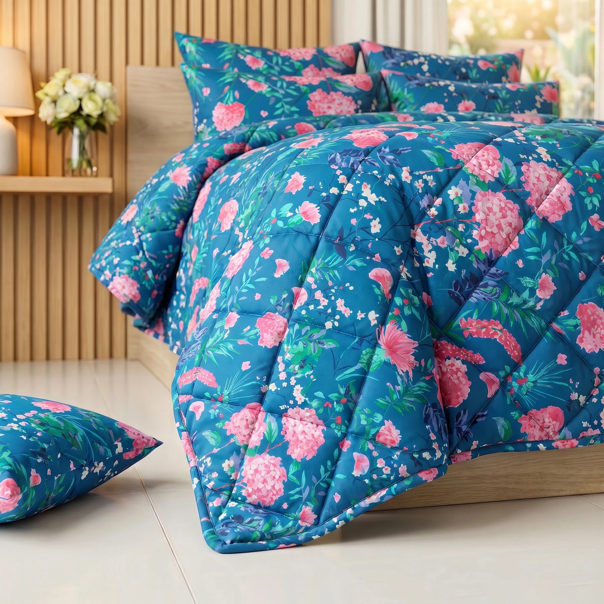 Peacock Blue & Pink Hydrangea Floral Comforter Set — 8 PCS