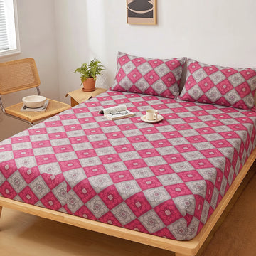 Pink Geometric Fitted Sheet Set — Pure Cotton