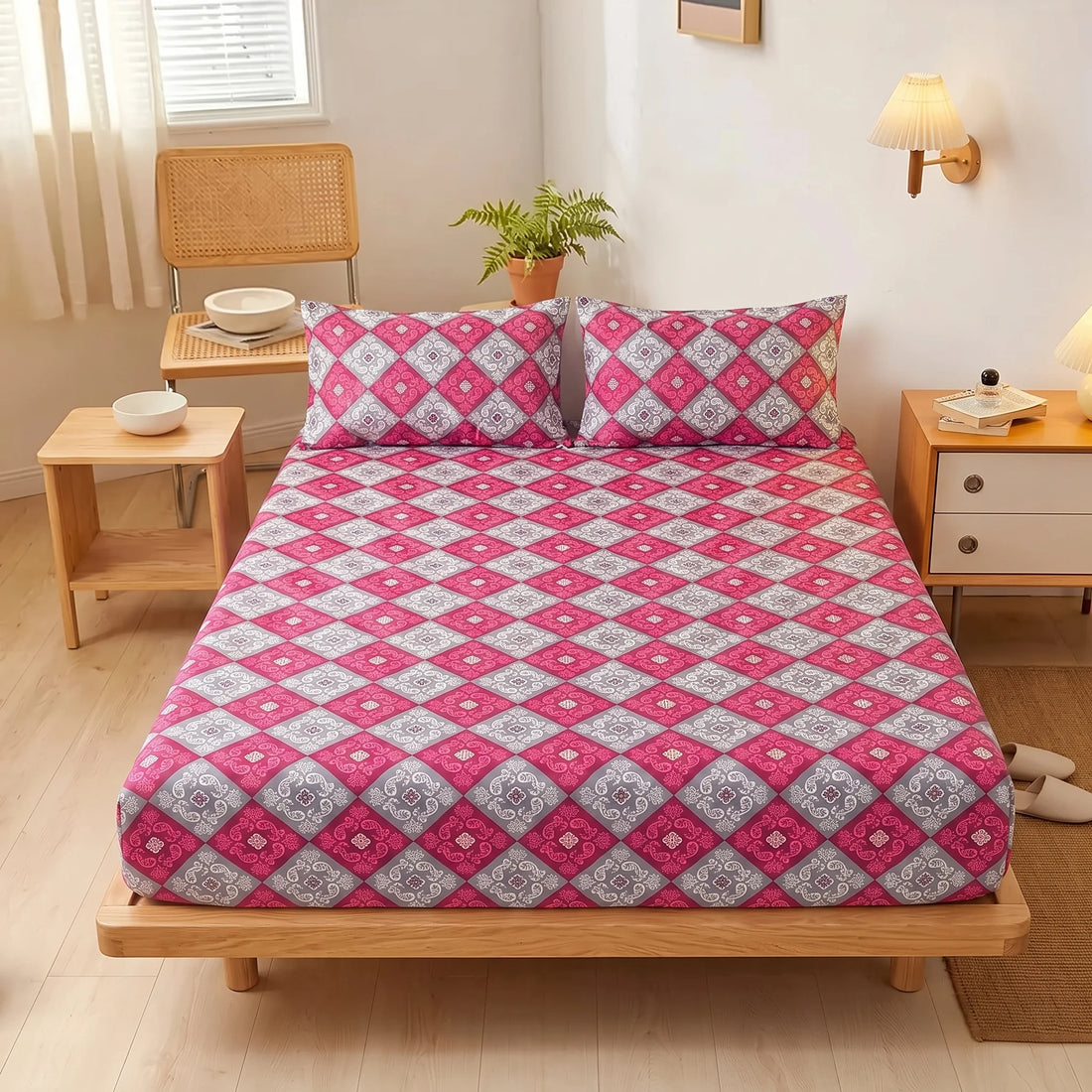 Pink Geometric Fitted Sheet Set — Pure Cotton