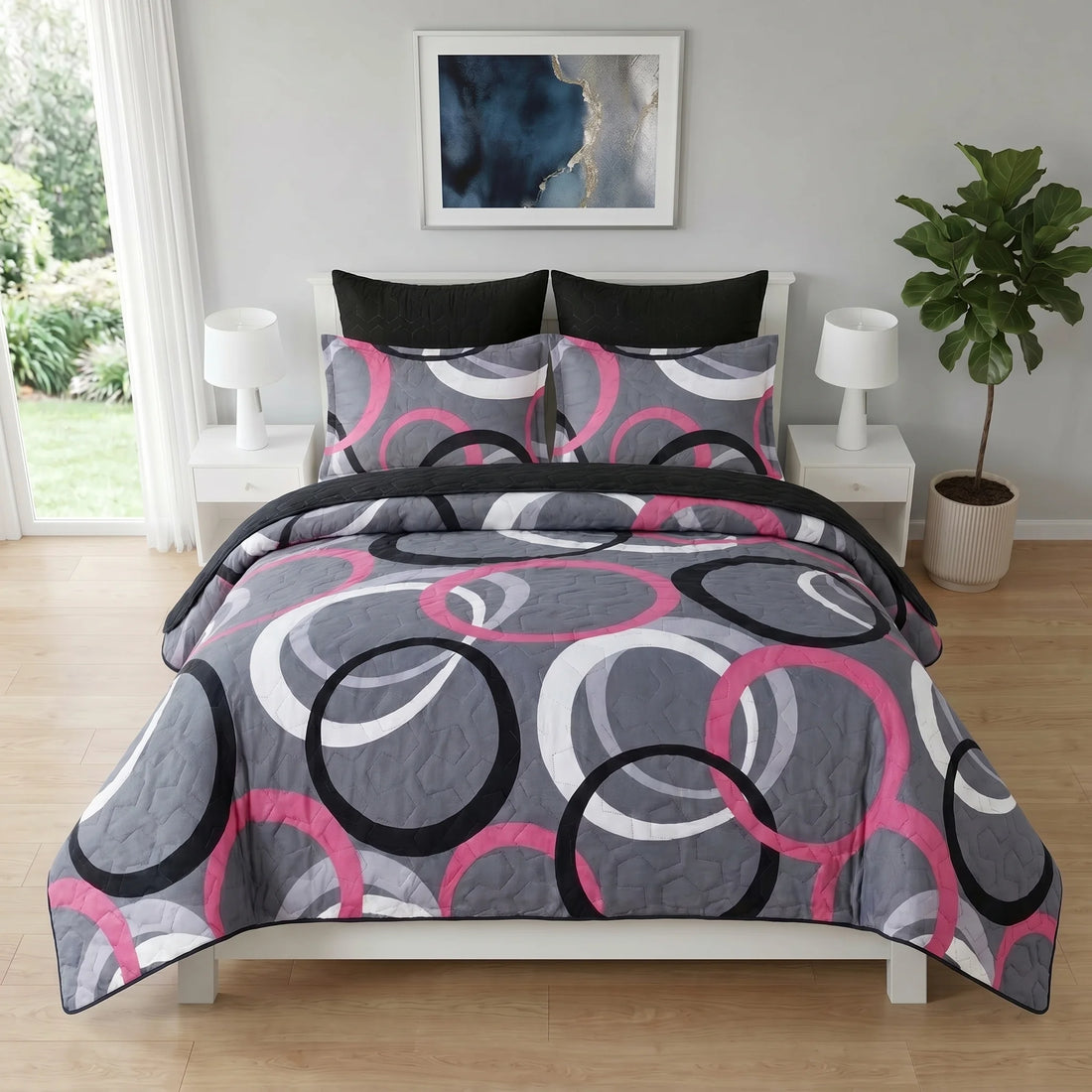 Pink Ring Geometric Bed Spread Set — 6 PCS
