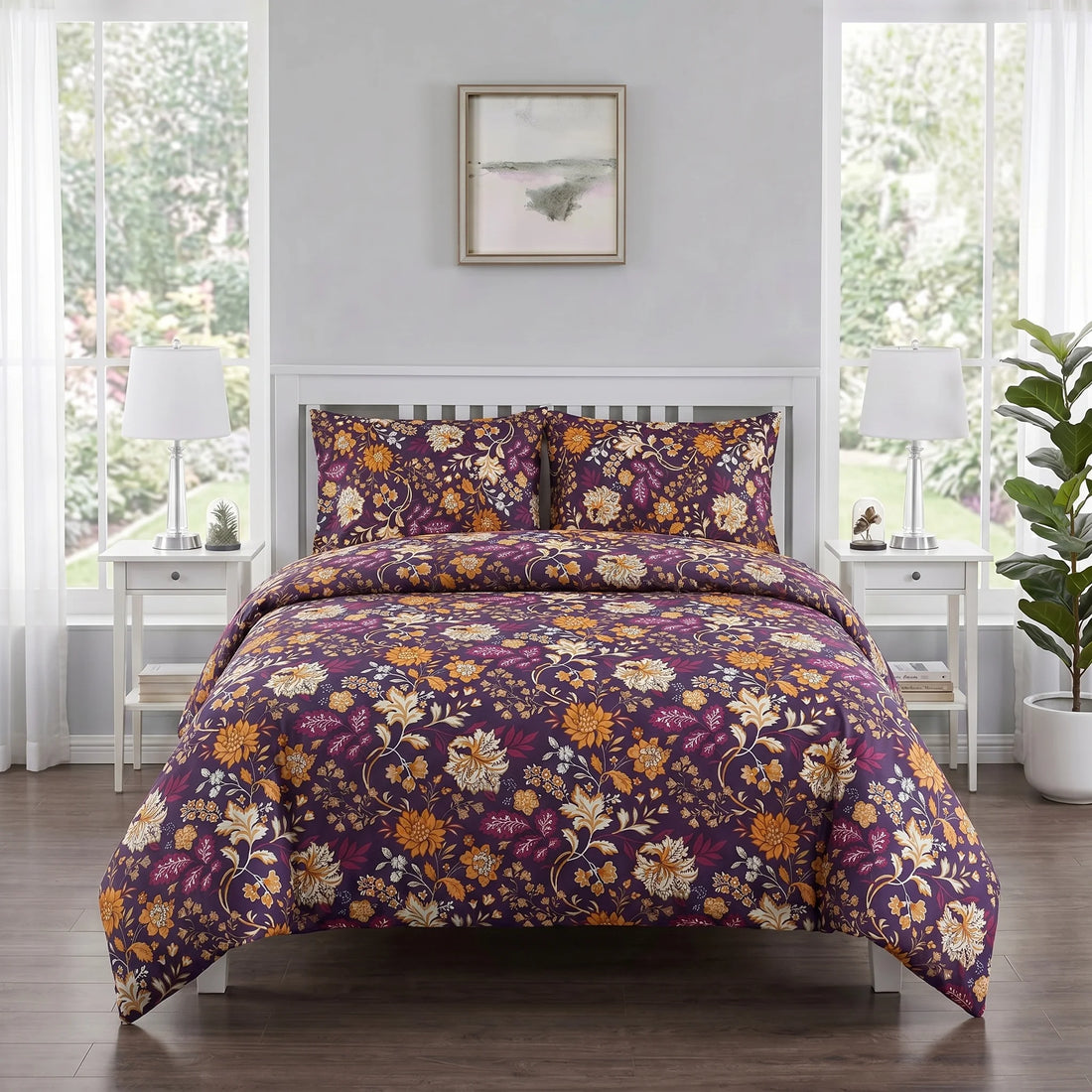 Plum Botanical Floral Duvet Cover Set — Printed