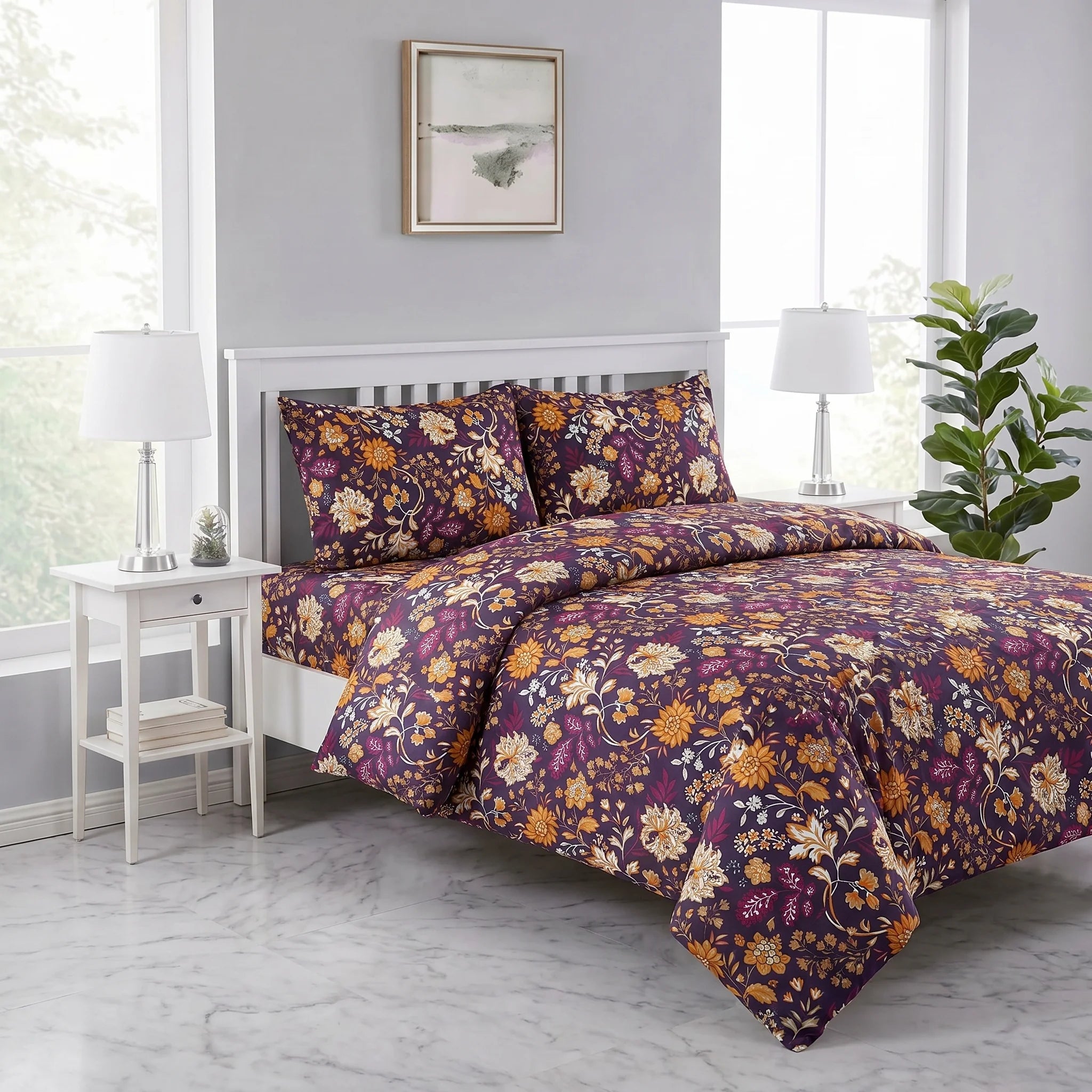 Plum Botanical Floral Duvet Cover Set — Printed