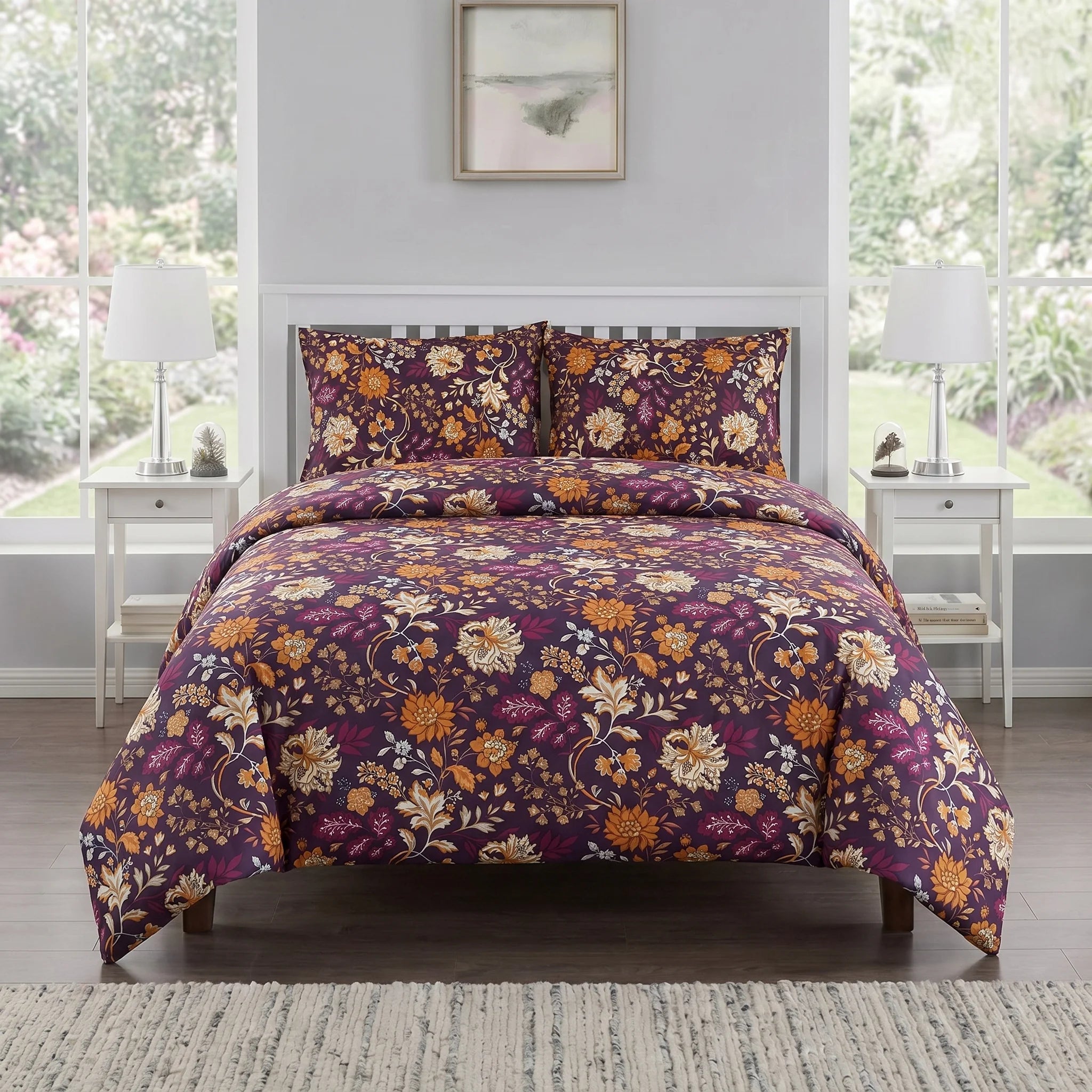 Plum Botanical Floral Duvet Cover Set — Printed