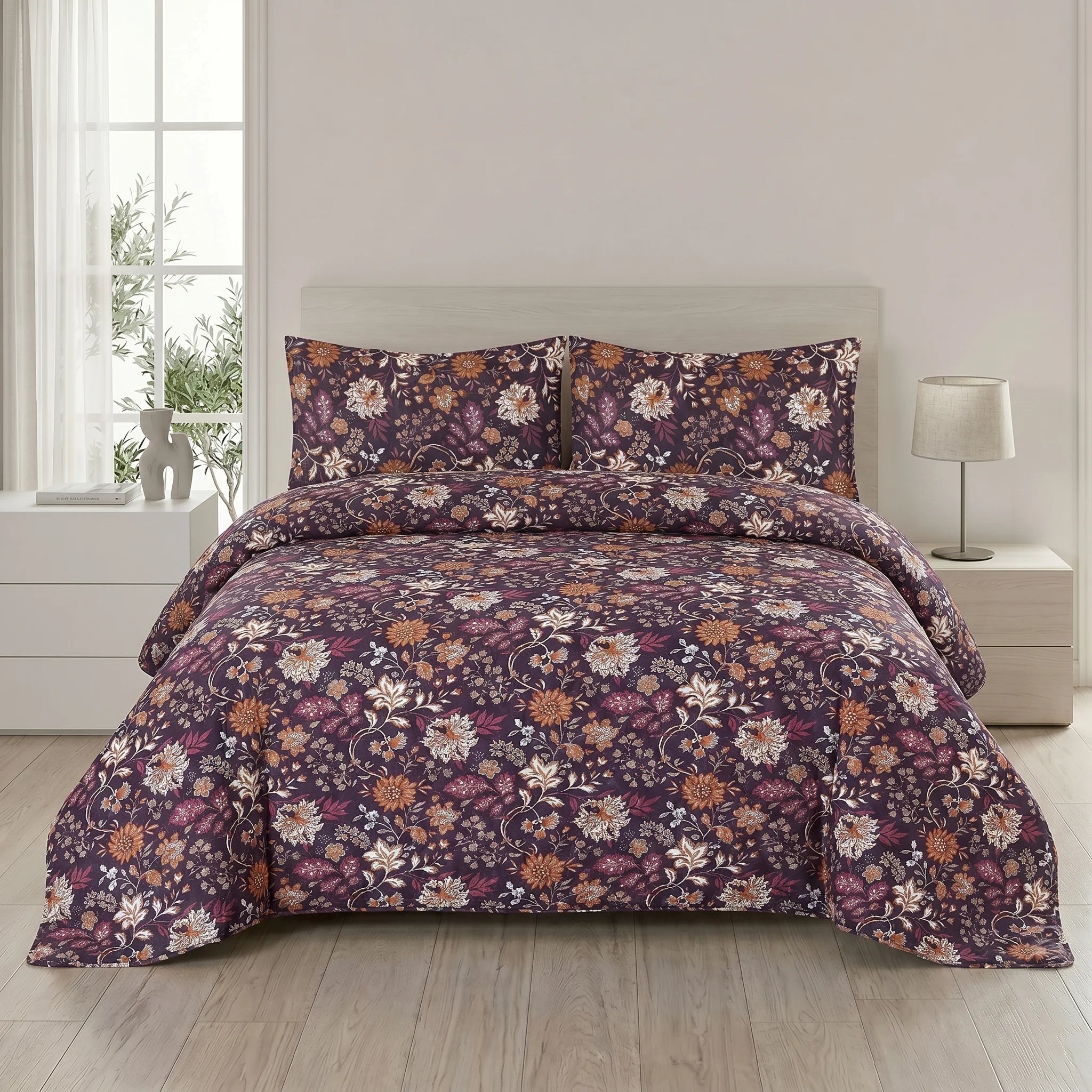 Plum Floral Bed Spread Set — 3 PCS