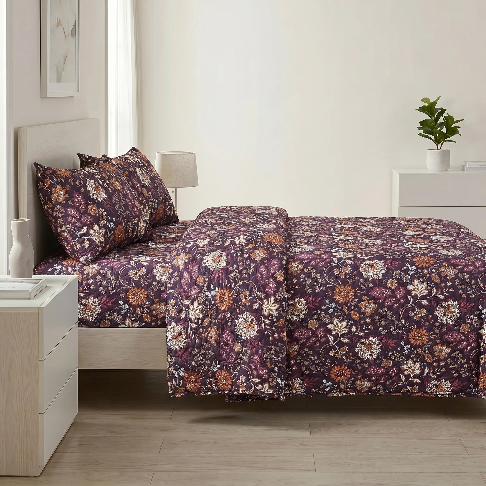 Plum Floral Bed Spread Set — 3 PCS