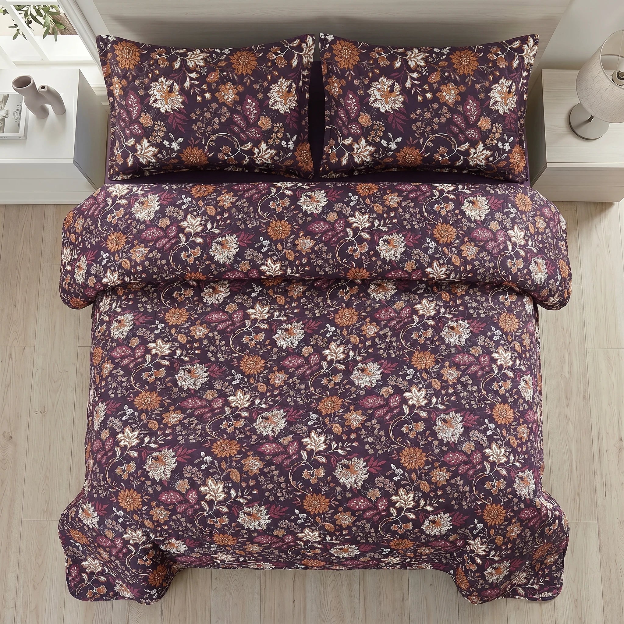 Plum Floral Bed Spread Set — 3 PCS