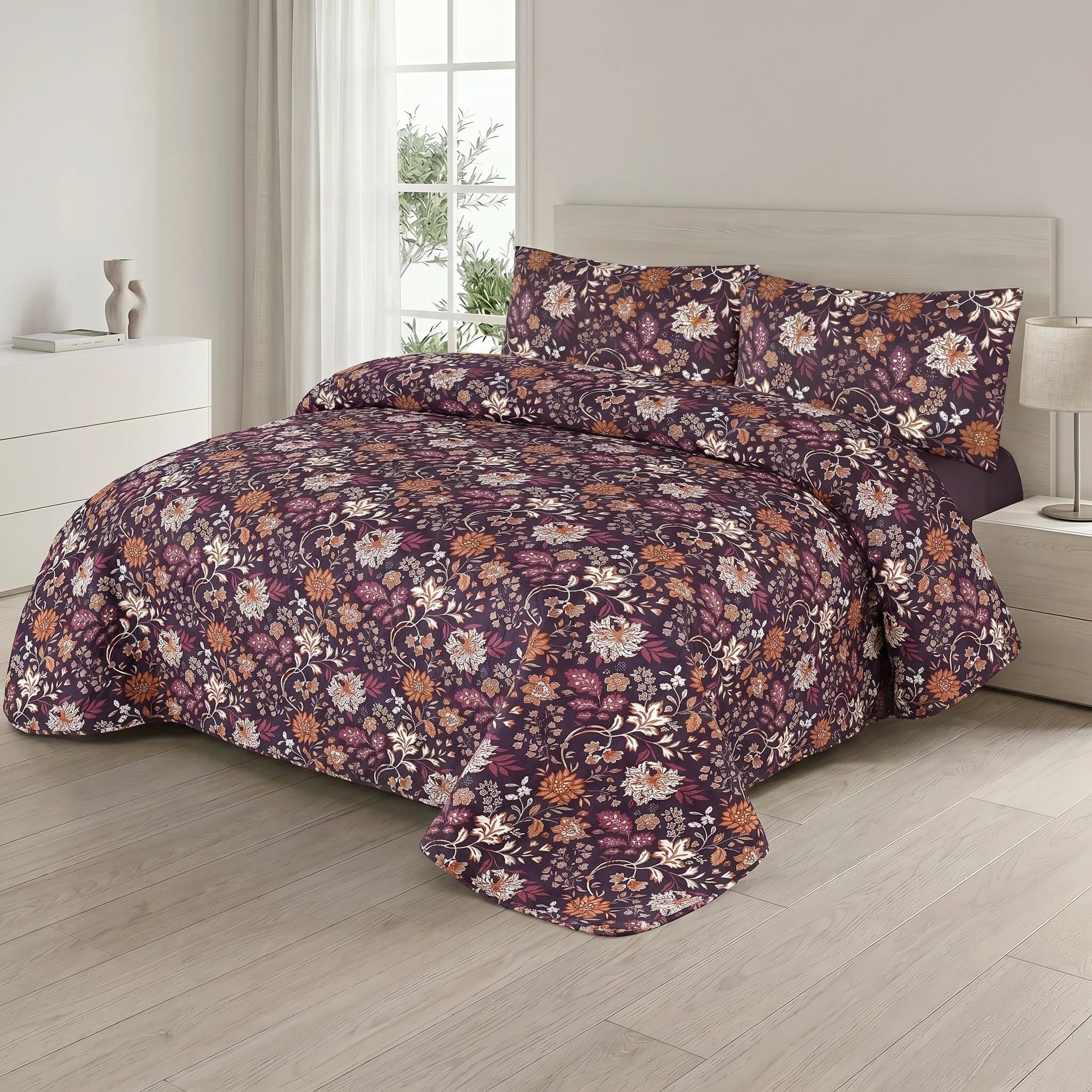 Plum Floral Bed Spread Set — 3 PCS