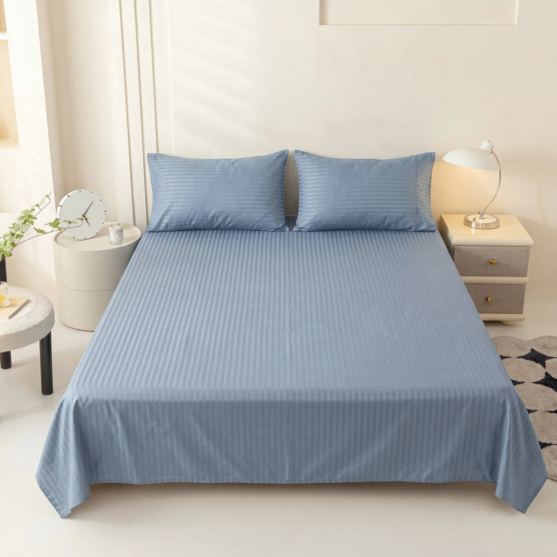 Powder Blue Dyed Stripe Bedsheet Set