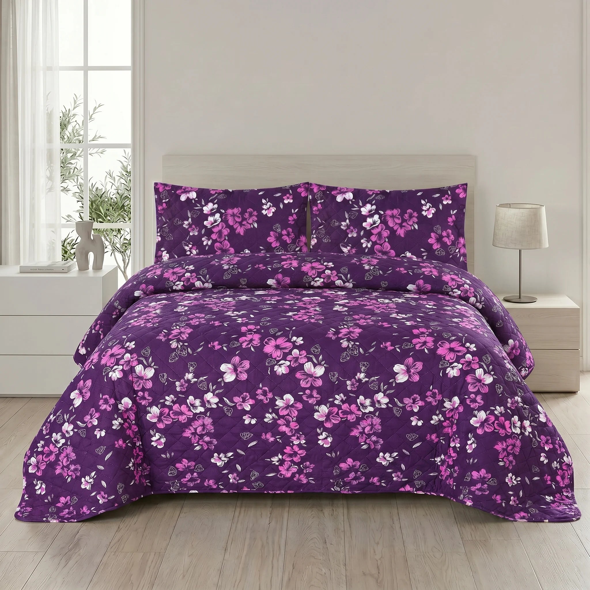 Purple Floral Bed Spread Set — 3 PCS