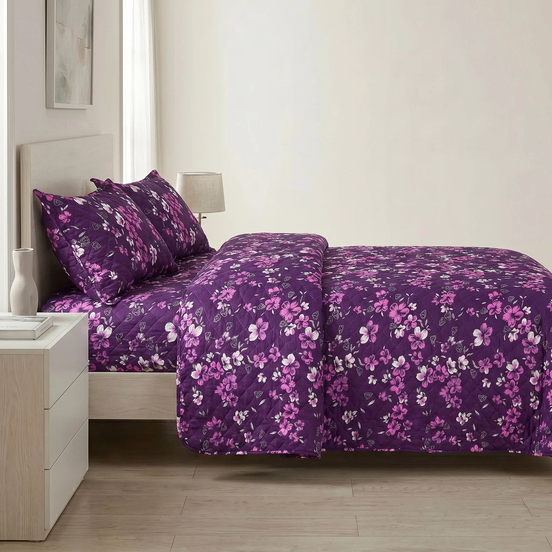 Purple Floral Bed Spread Set — 3 PCS