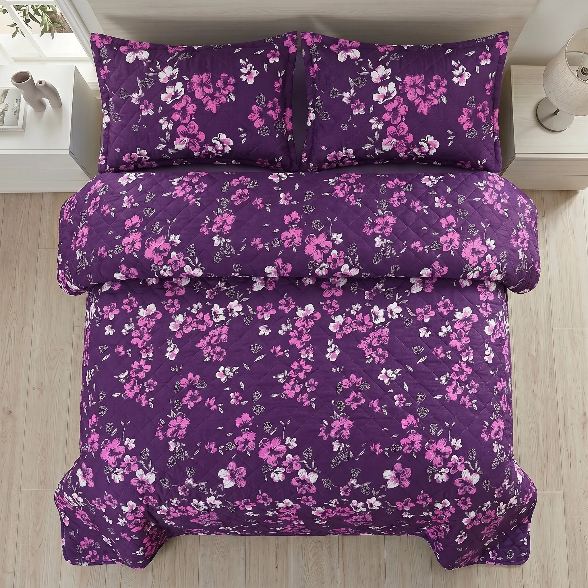 Purple Floral Bed Spread Set — 3 PCS