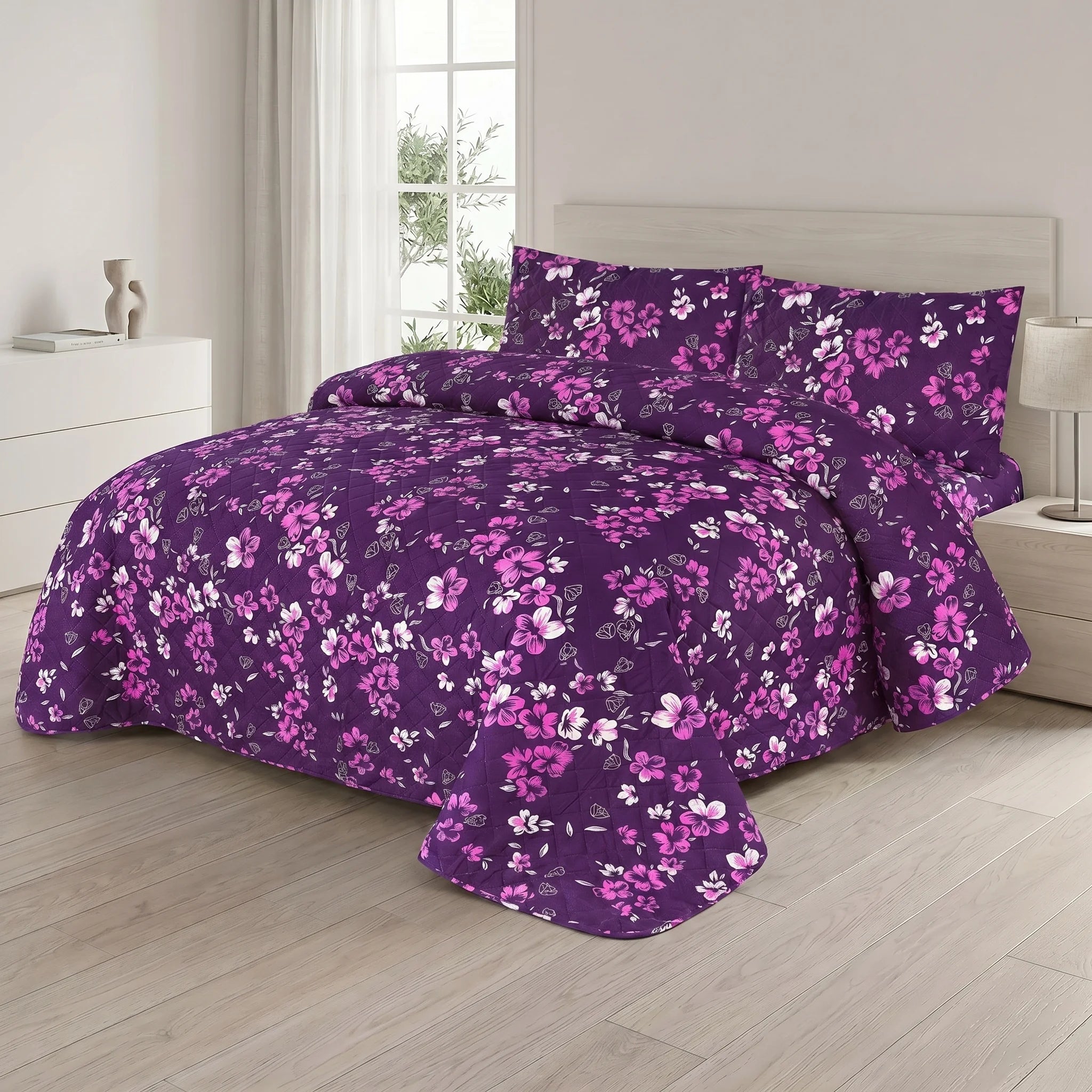 Purple Floral Bed Spread Set — 3 PCS