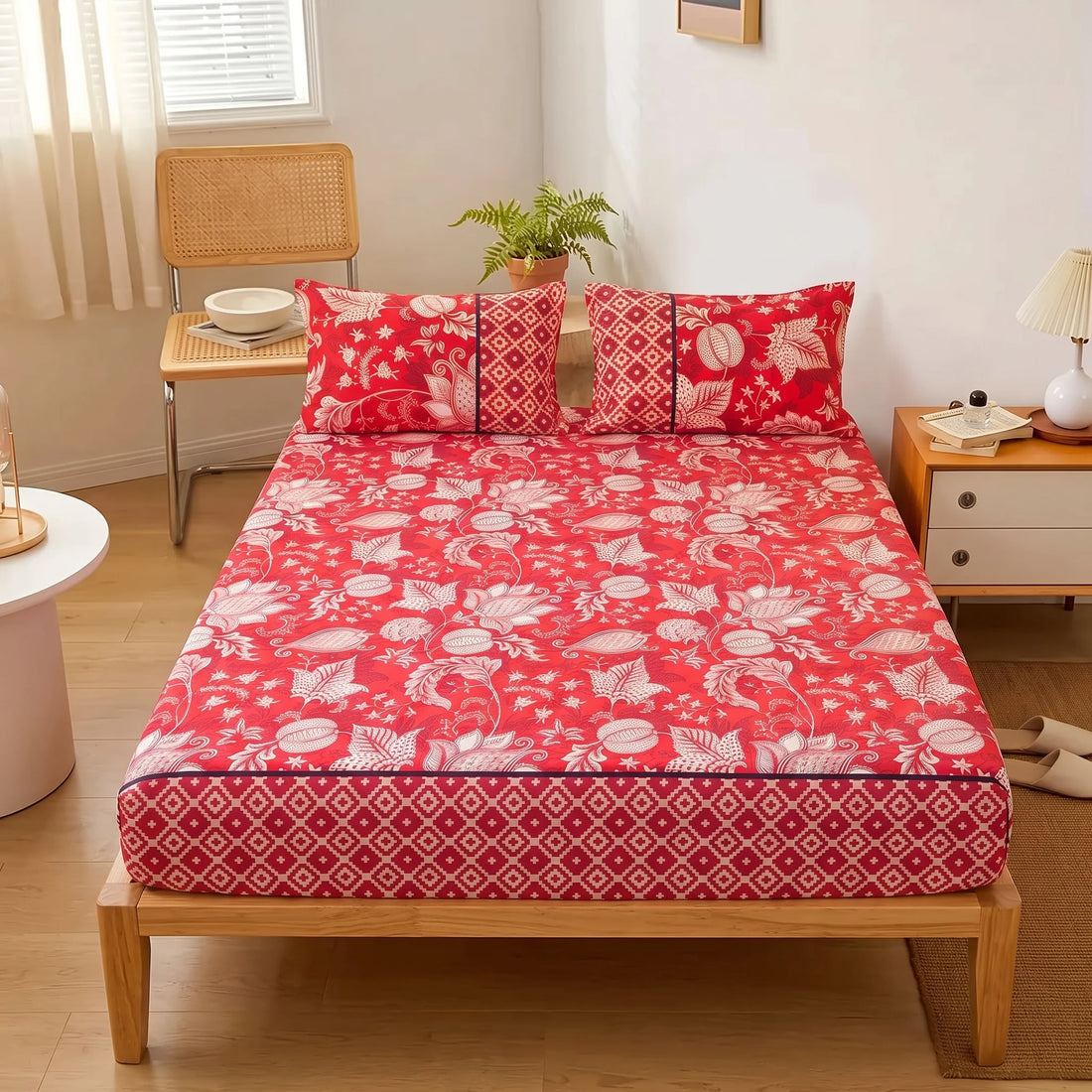 Crimson Botanical Fitted Sheet Set — Pure Cotton
