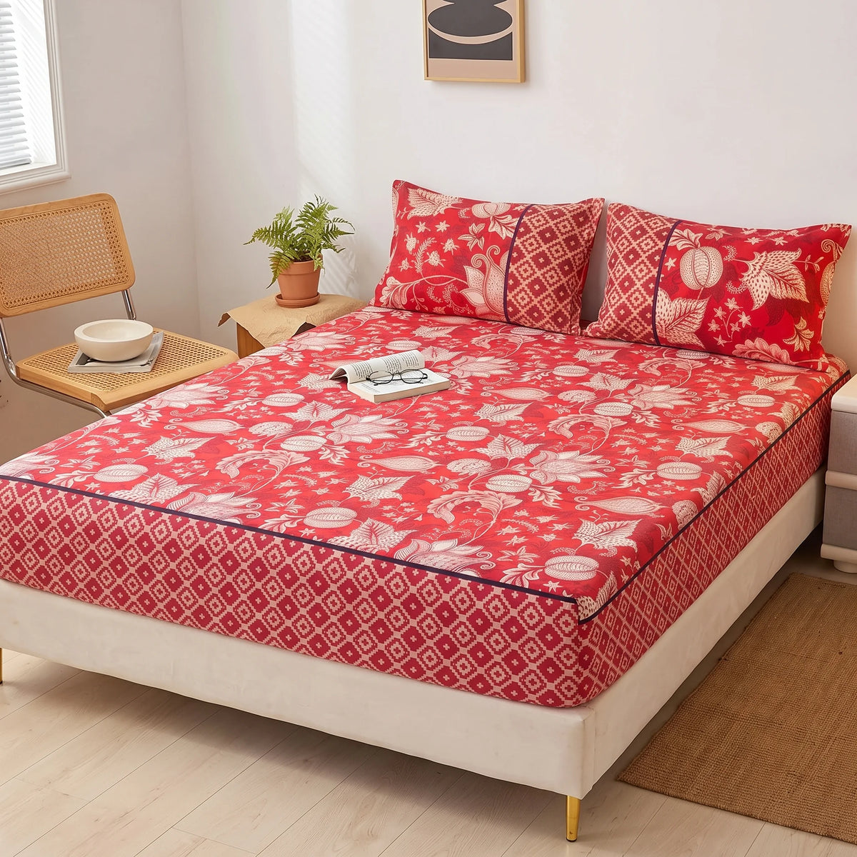Crimson Botanical Fitted Sheet Set — Pure Cotton