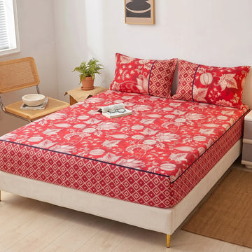 Crimson Botanical Fitted Sheet Set — Pure Cotton