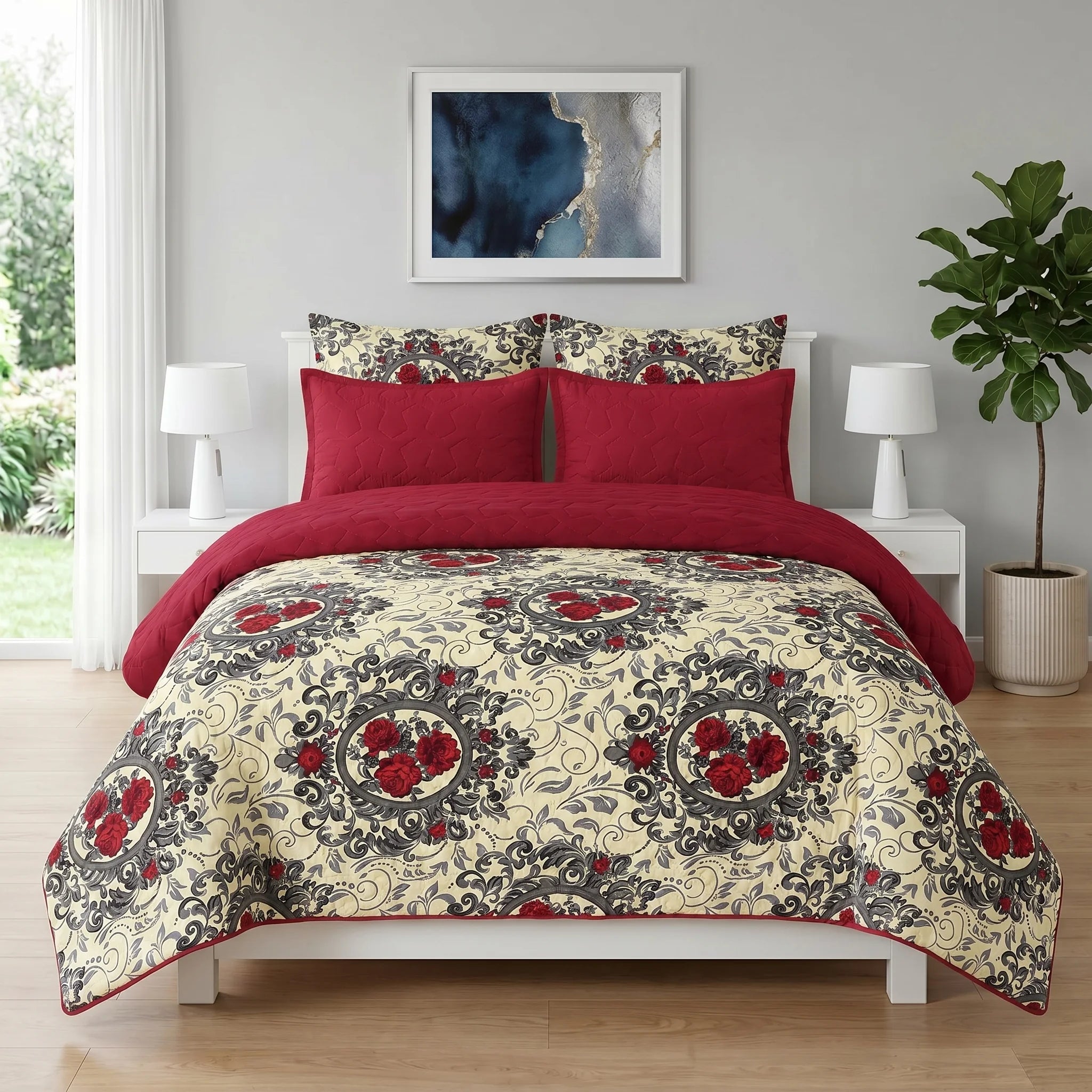 Red Rose Royal Bed Spread Set — 6 PCS