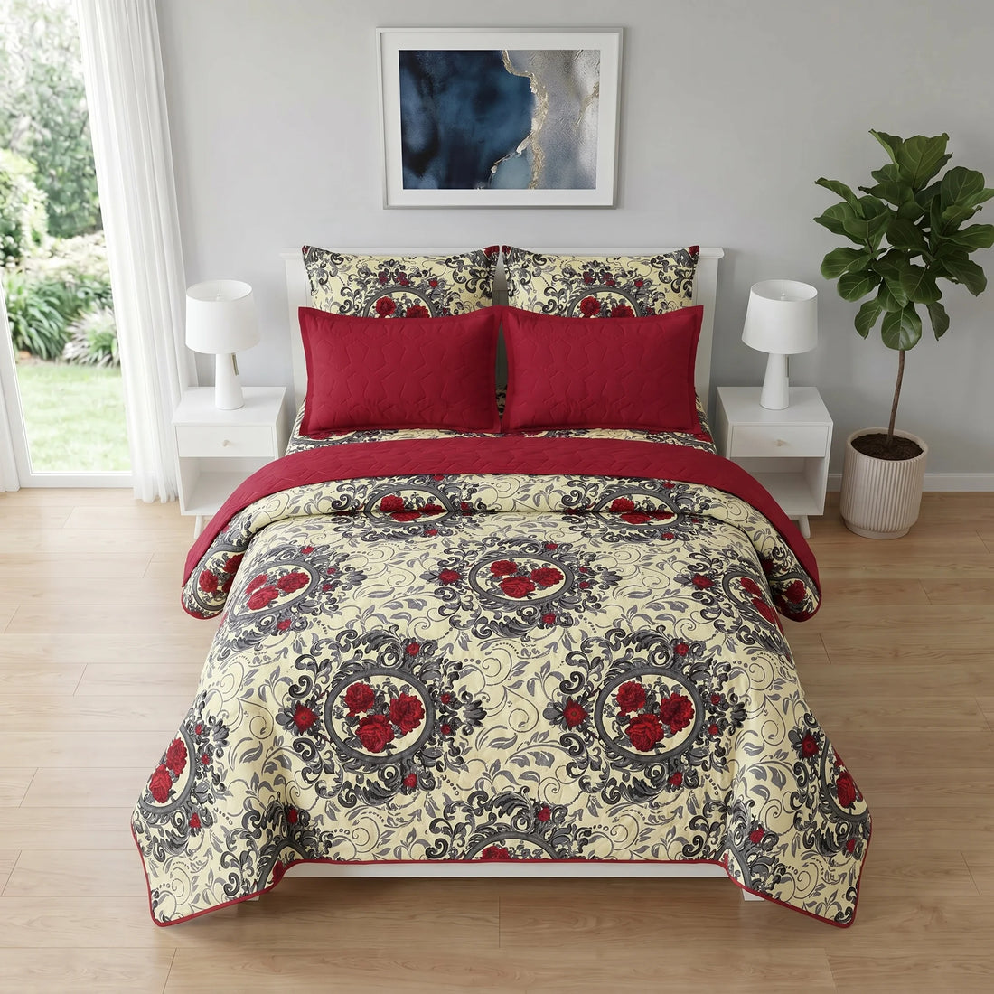 Red Rose Royal Bed Spread Set — 6 PCS