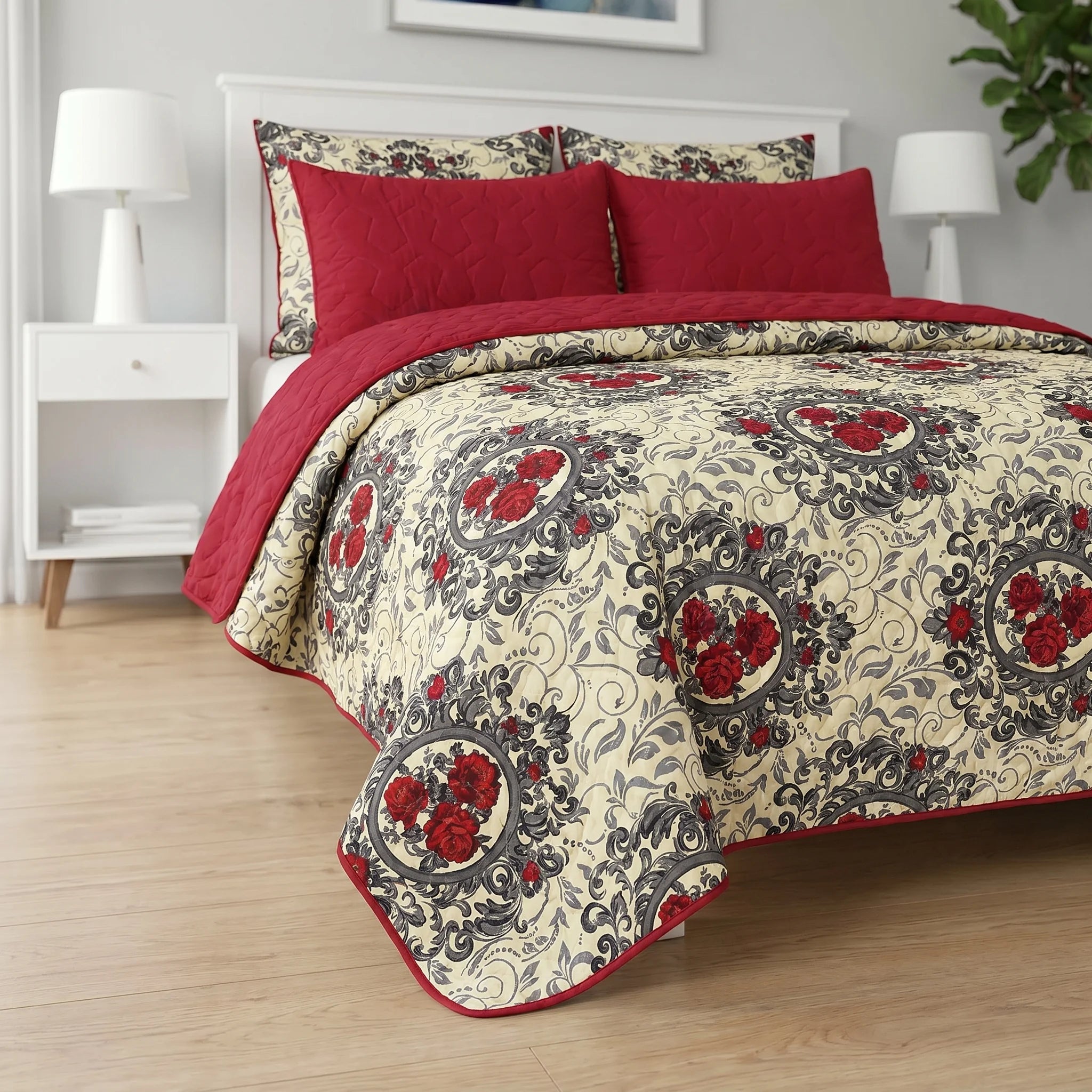 Red Rose Royal Bed Spread Set — 6 PCS