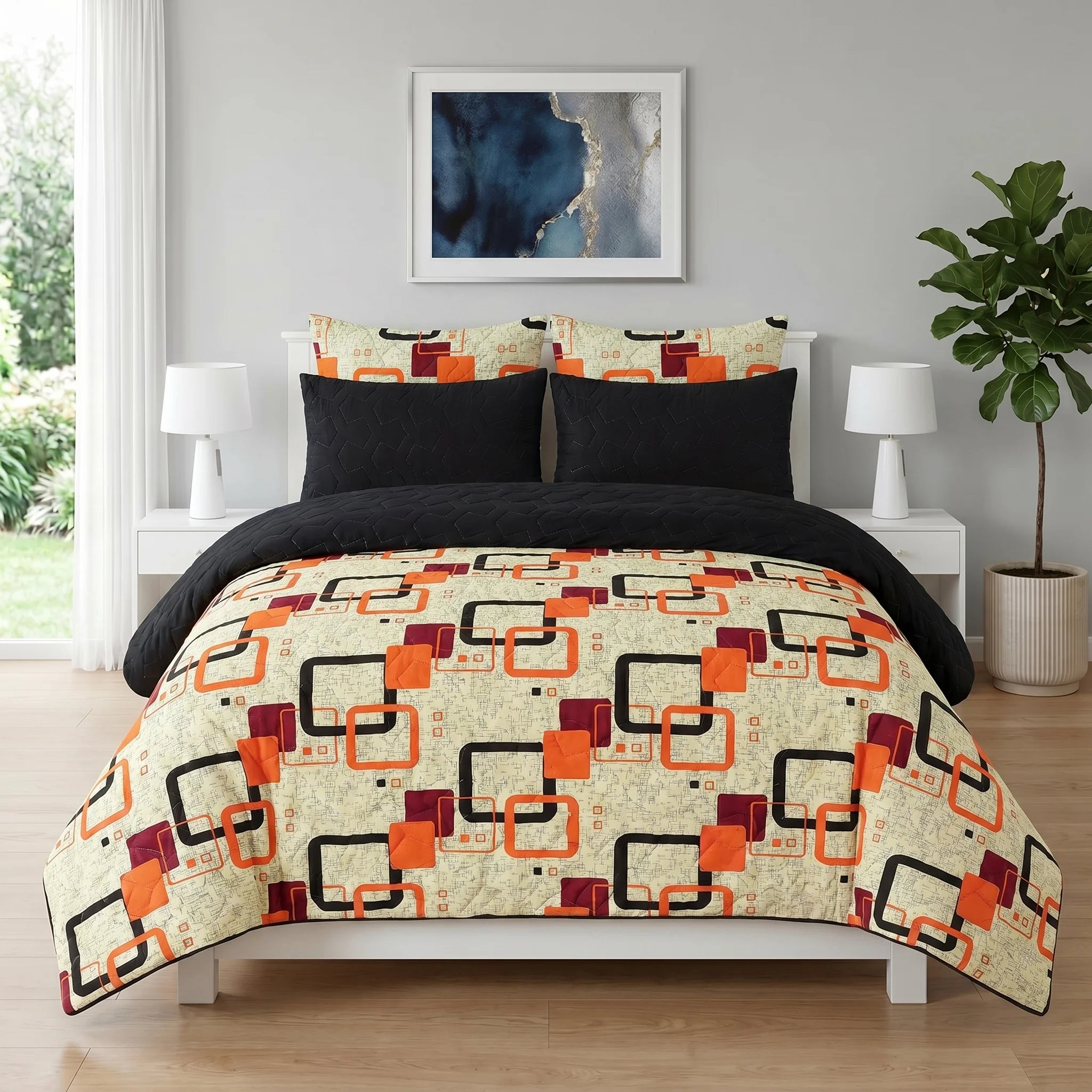 Retro Orange & Black Geometric Bed Spread Set — 6 PCS