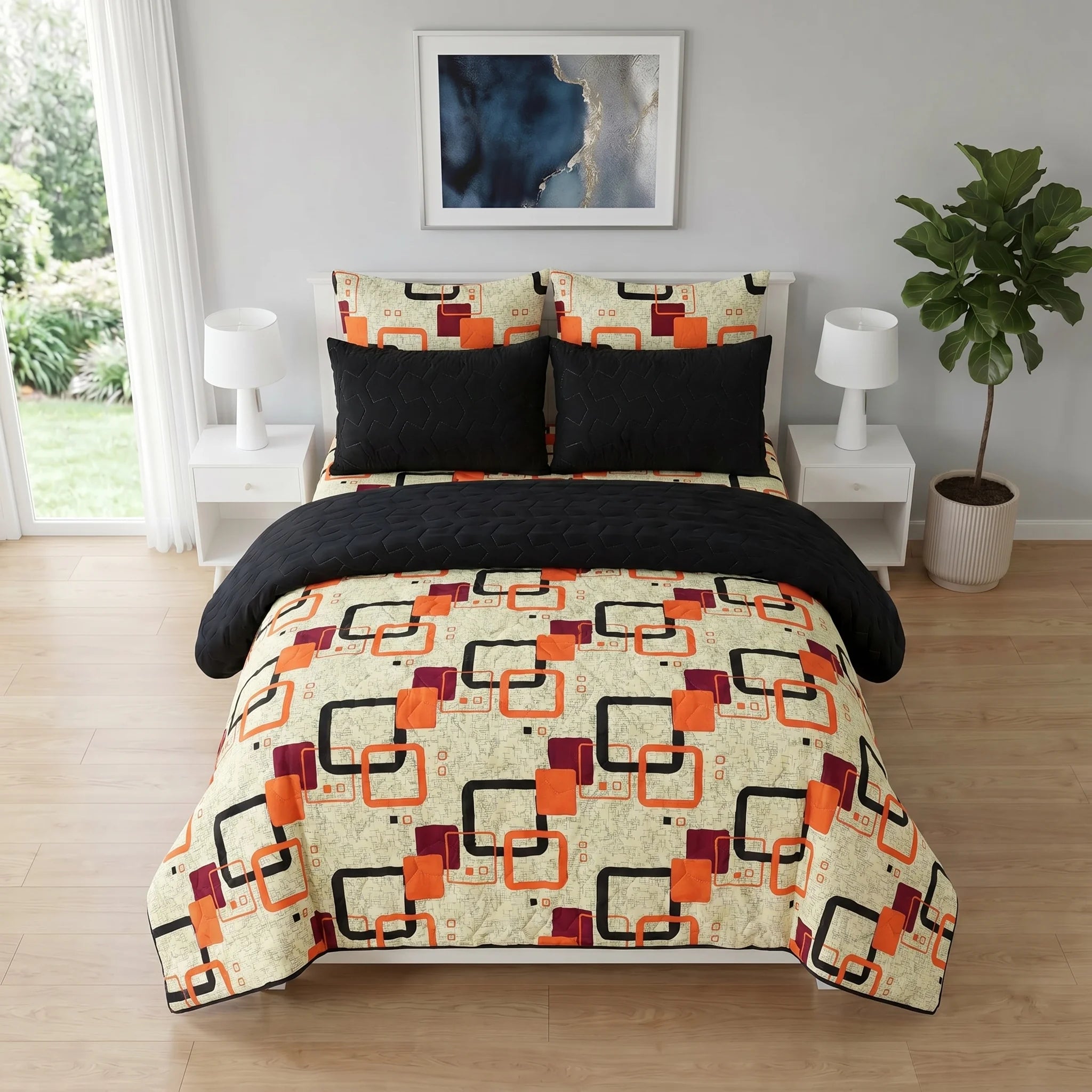 Retro Orange & Black Geometric Bed Spread Set — 6 PCS