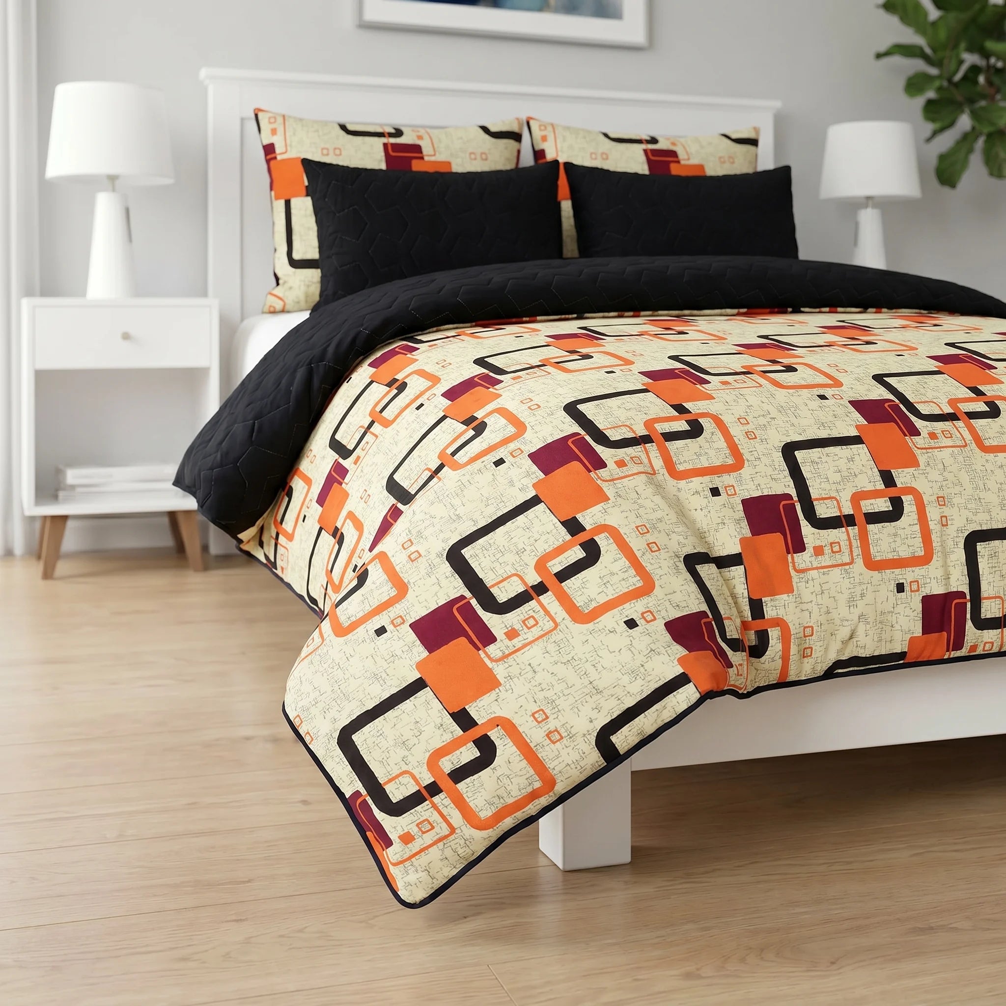 Retro Orange & Black Geometric Bed Spread Set — 6 PCS