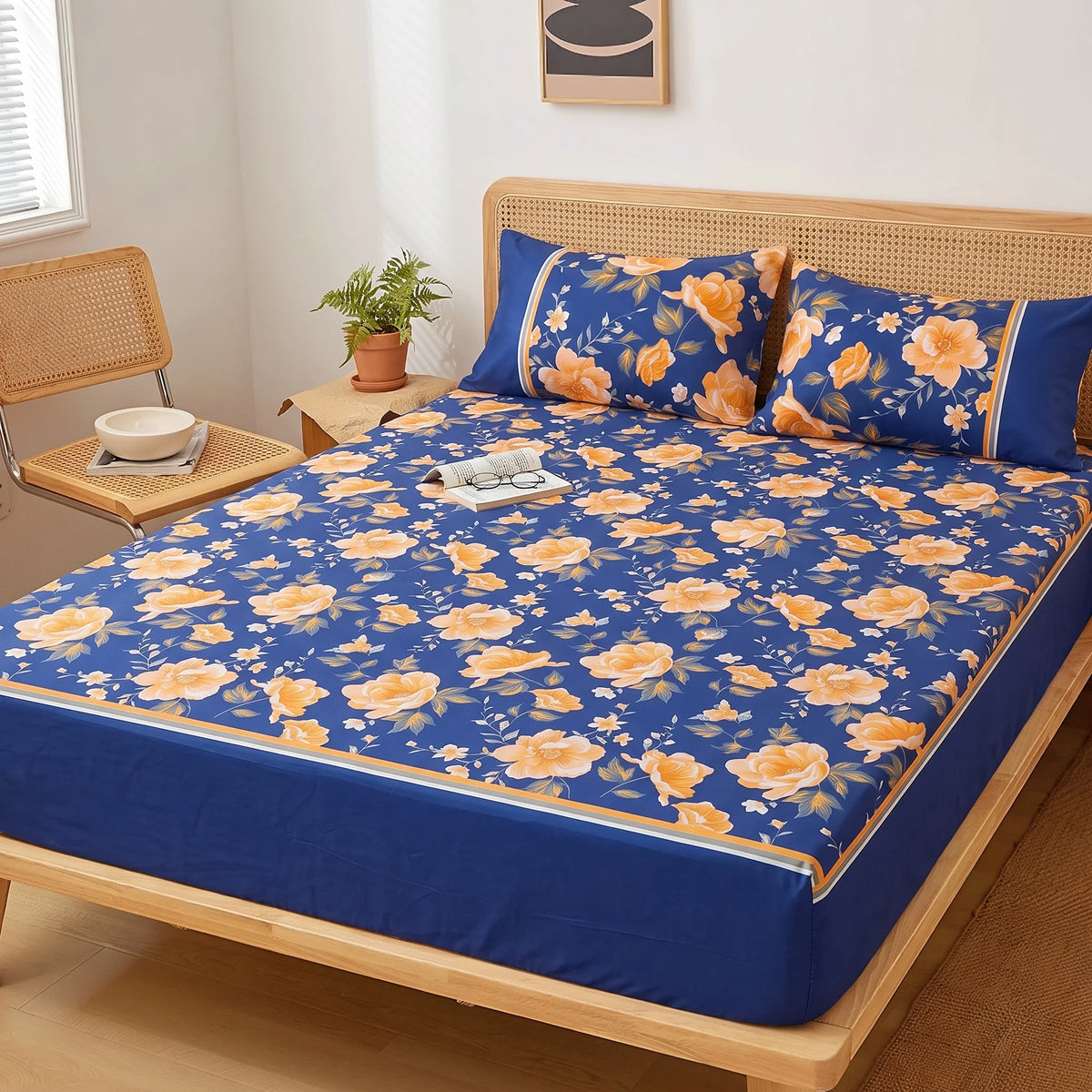 Royal Blue Floral Fitted Sheet Set  — Pure Cotton