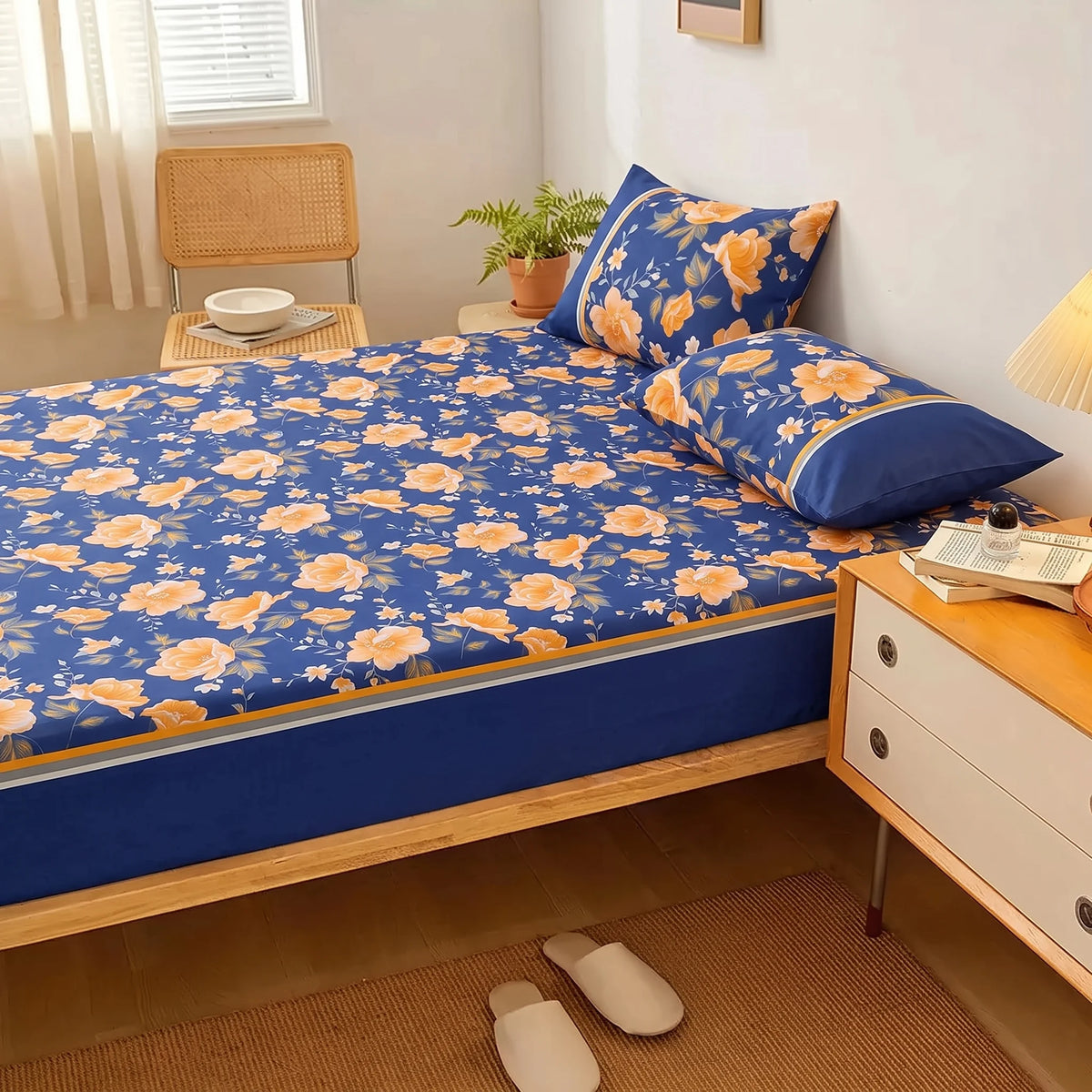 Royal Blue Floral Fitted Sheet Set  — Pure Cotton