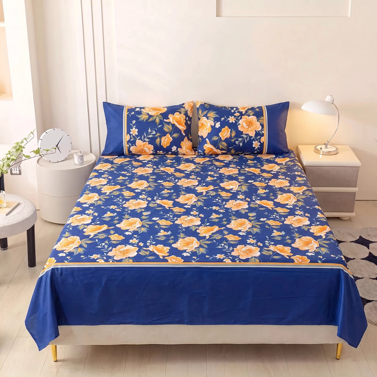 Royal Blue Golden Blossom Pure Cotton Bedsheet Set — 3 PCS