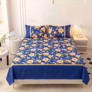 Royal Blue Blossom Pure Cotton Bedsheet Set — Single