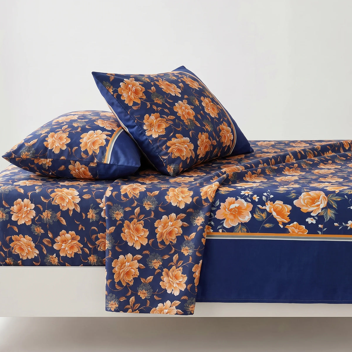 Royal Blue Golden Blossom Pure Cotton Bedsheet Set — 3 PCS