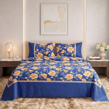 Royal Blue Golden Blossom Pure Cotton Bedsheet Set — 3 PCS