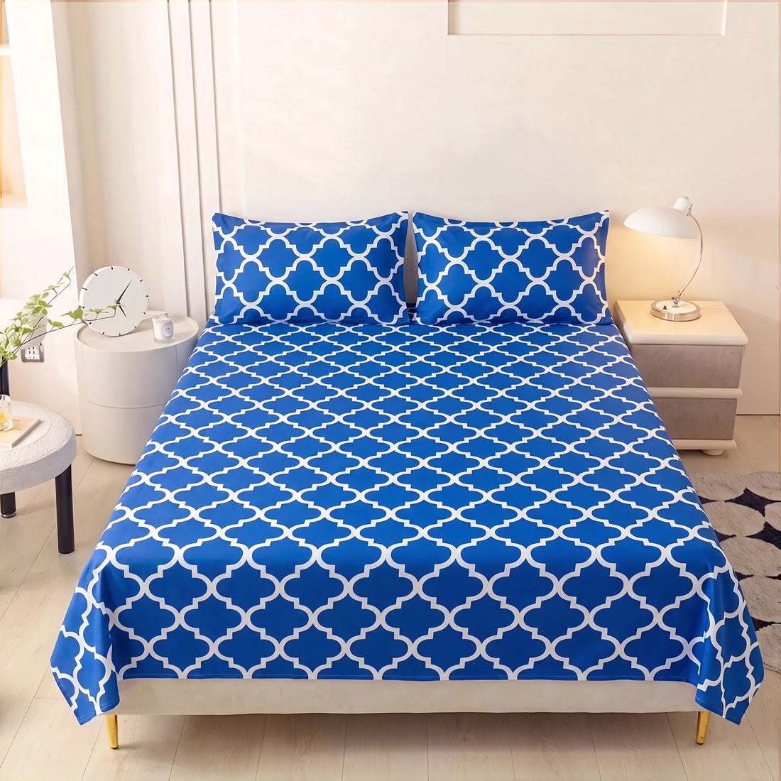 Royal Blue Moroccan Trellis Pure Cotton Bedsheet Set — 3 PCS